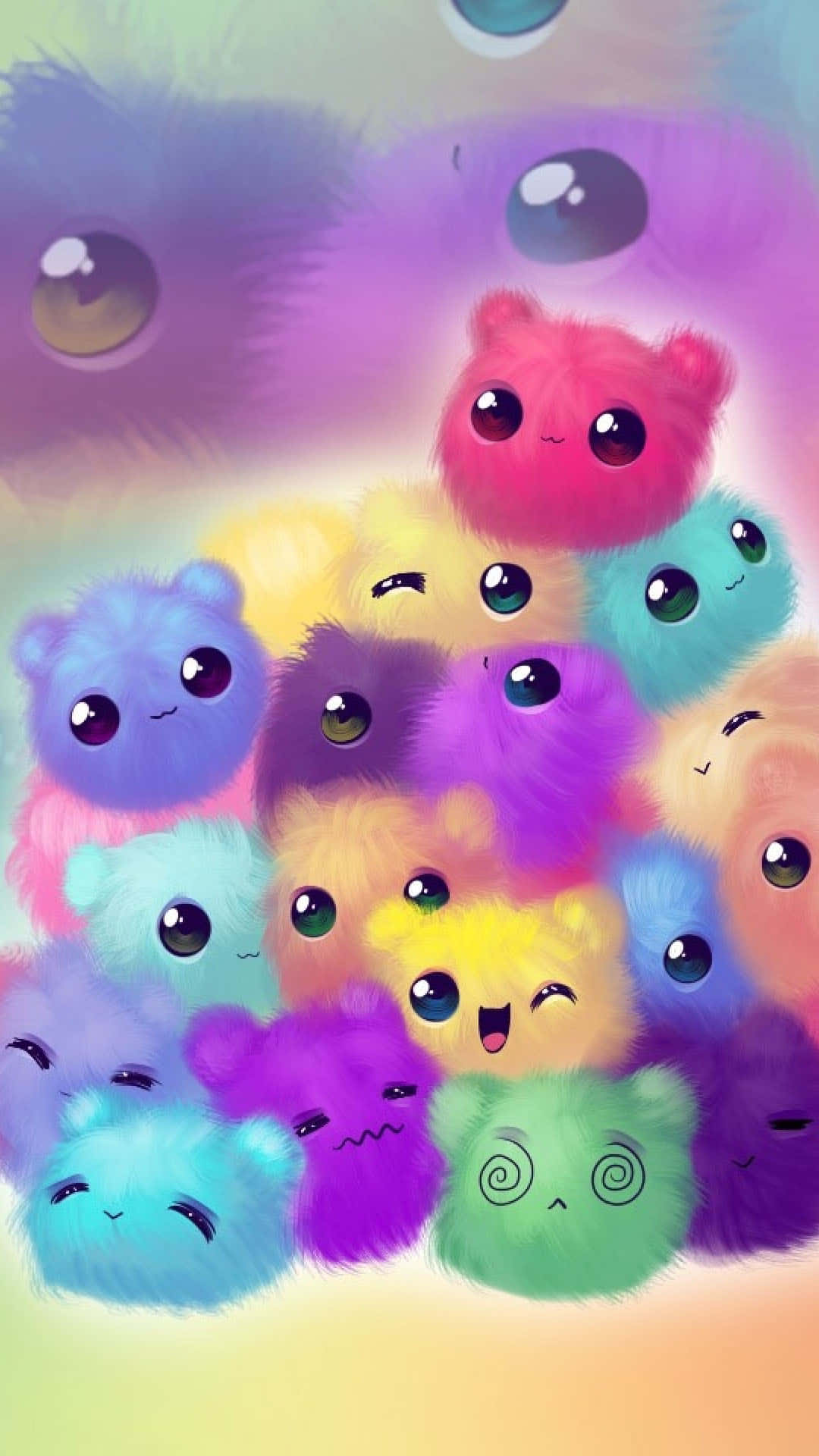 rainbow-colored, kawaii creatures, big eyes, Full HD Phone Wallpaper