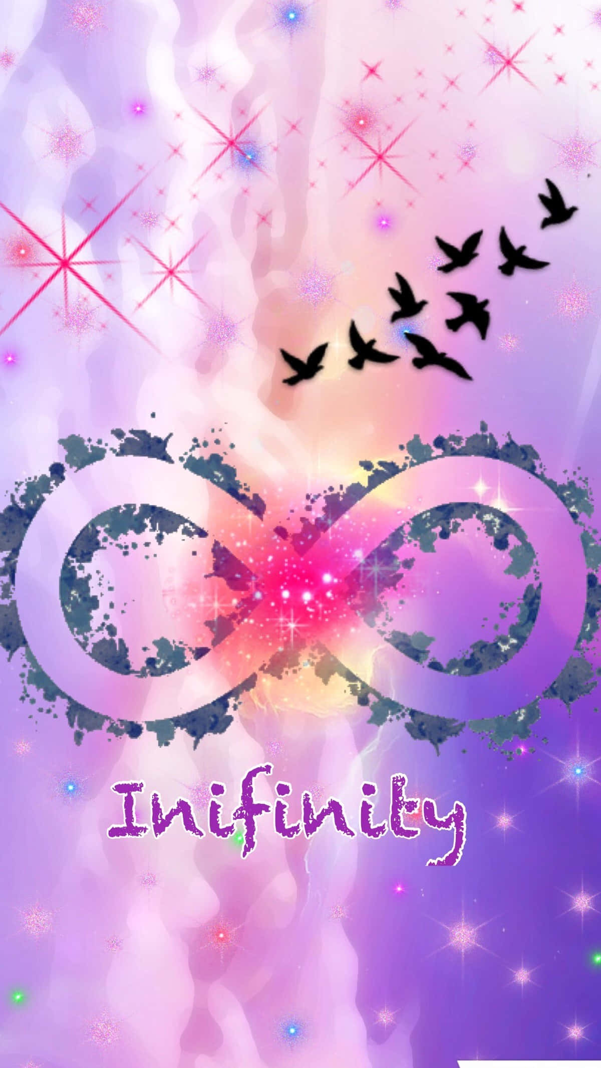 infinity symbol, cosmic sparkles, silhouetted birds, Full HD Phone Wallpaper