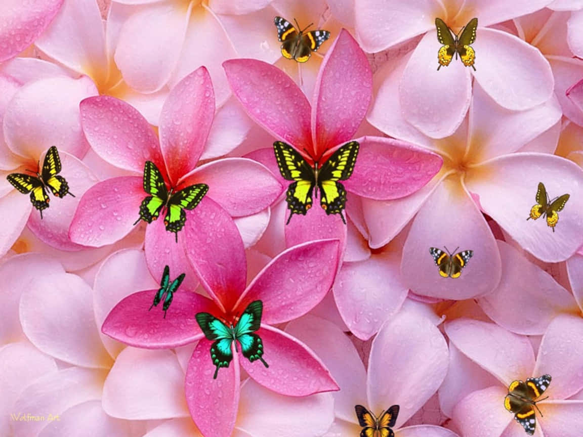 Vibrant pink plumeria blossoms, colorful butterflies, dew, SD Desktop Wallpaper