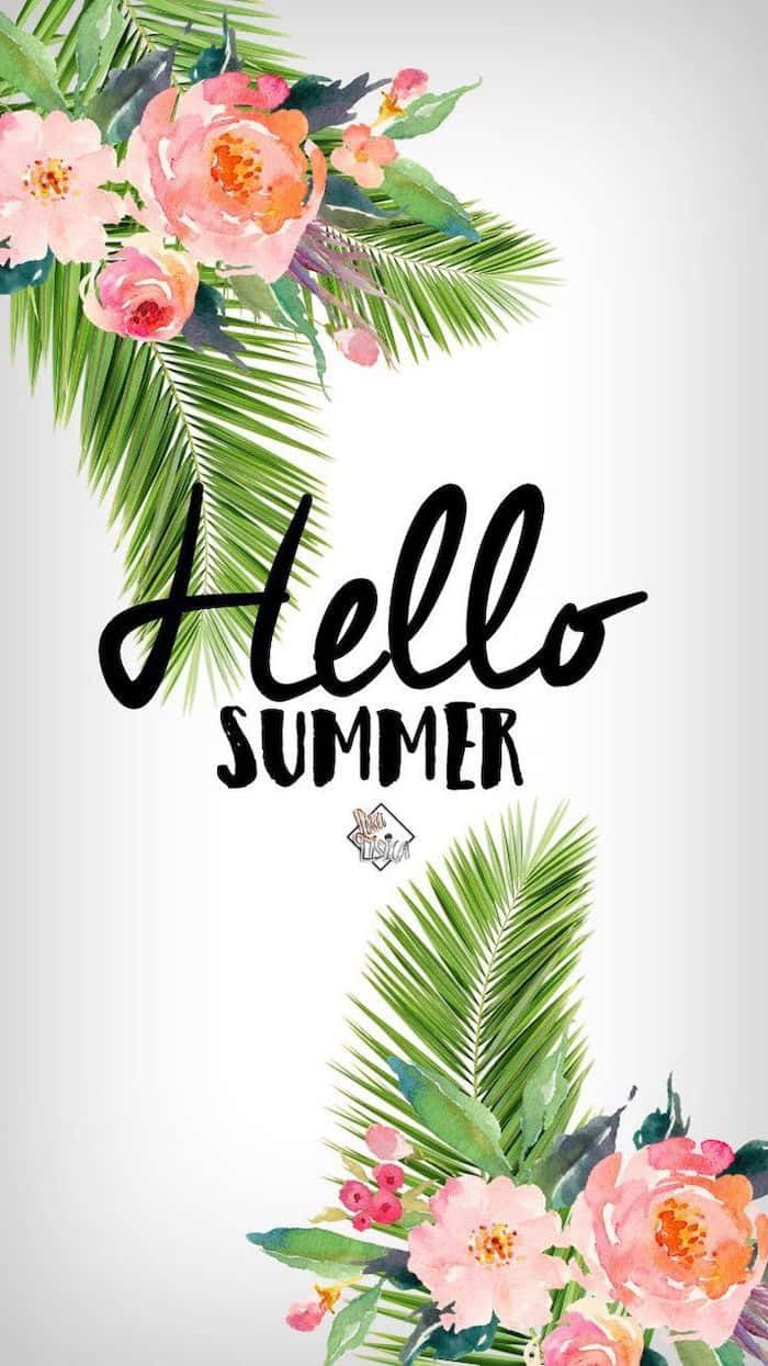 Tropical pink flowers, green palm fronds, Hello Summer, SD Phone Wallpaper