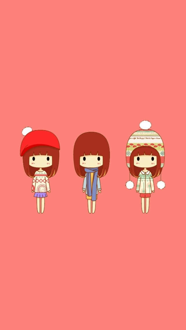 Cool Girl, three cute cartoon girls, winter hats, SD Phone Wallpaper