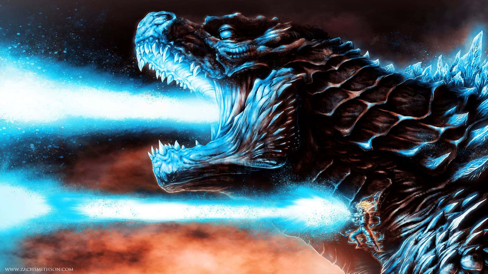 Godzilla, blue atomic breath, fiery orange, HD Desktop Wallpaper