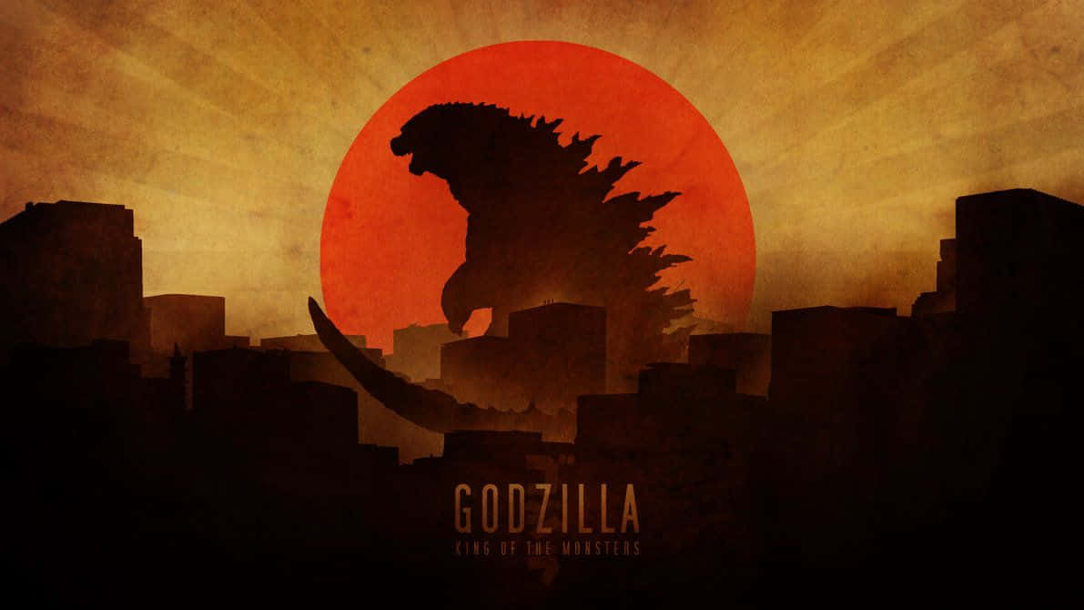Godzilla, city skyline, massive orange sun, SD Desktop Wallpaper