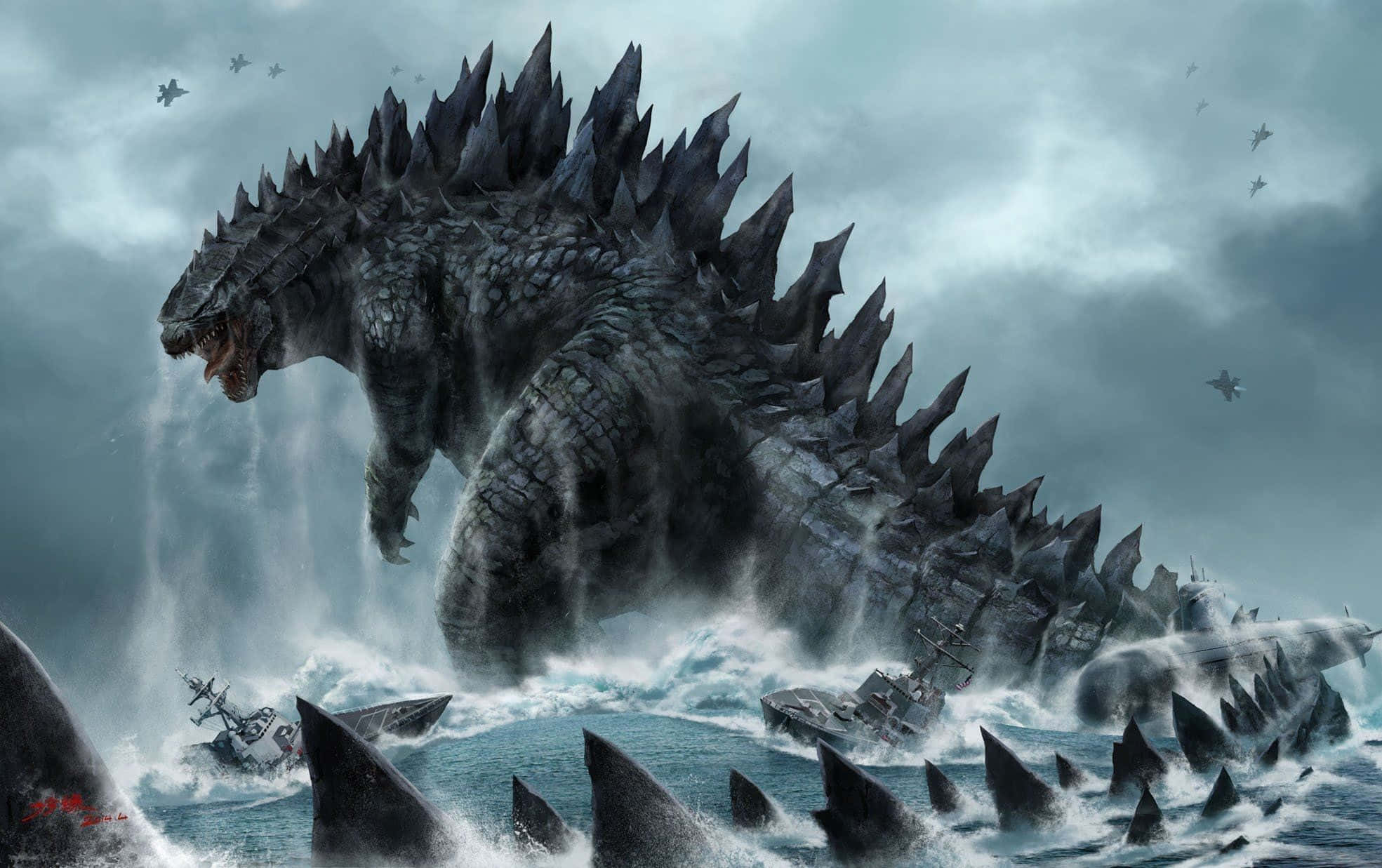 Cool Godzilla, Godzilla, stormy seas, Full HD Desktop Wallpaper