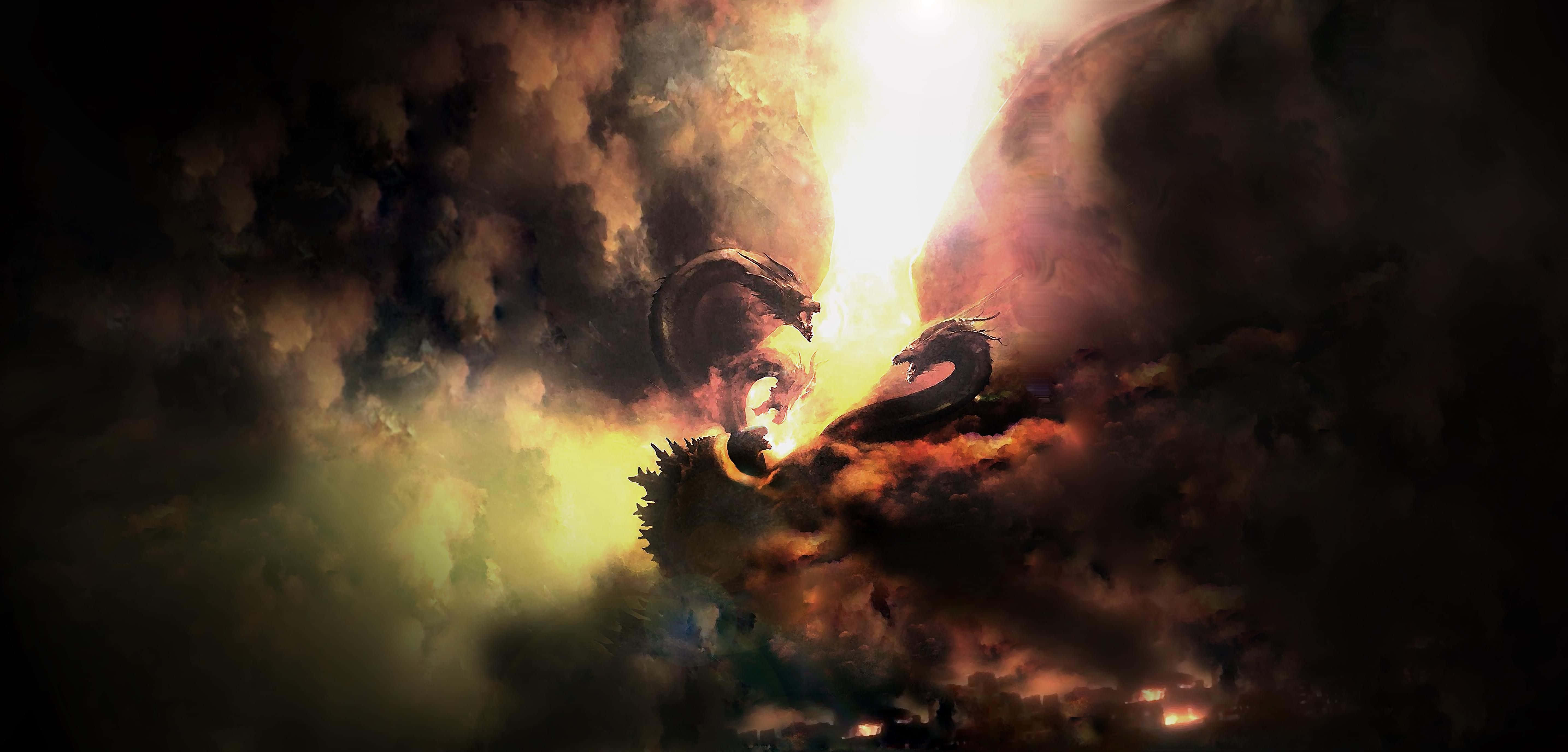 Cool Godzilla, Sky, Fiery battle, 5K Desktop Wallpaper