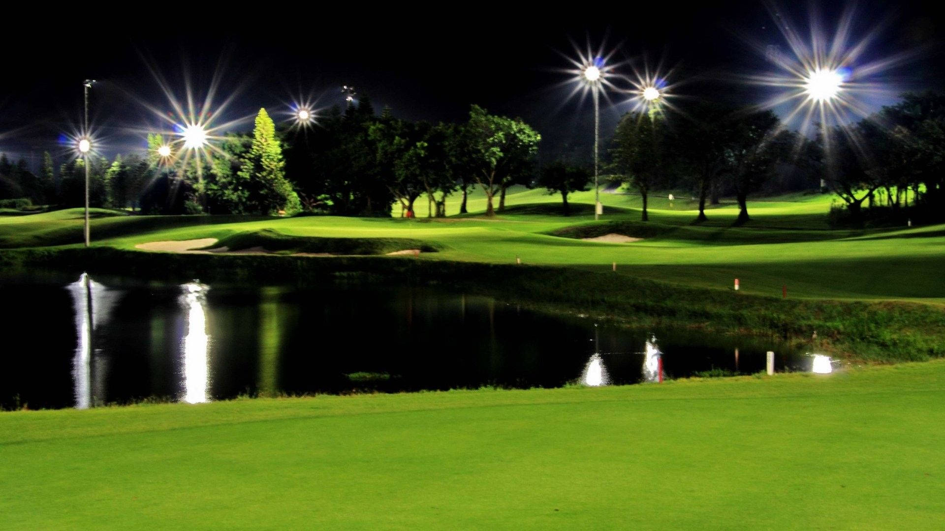 golf course, night view, glowing floodlights, Full HD Desktop Wallpaper