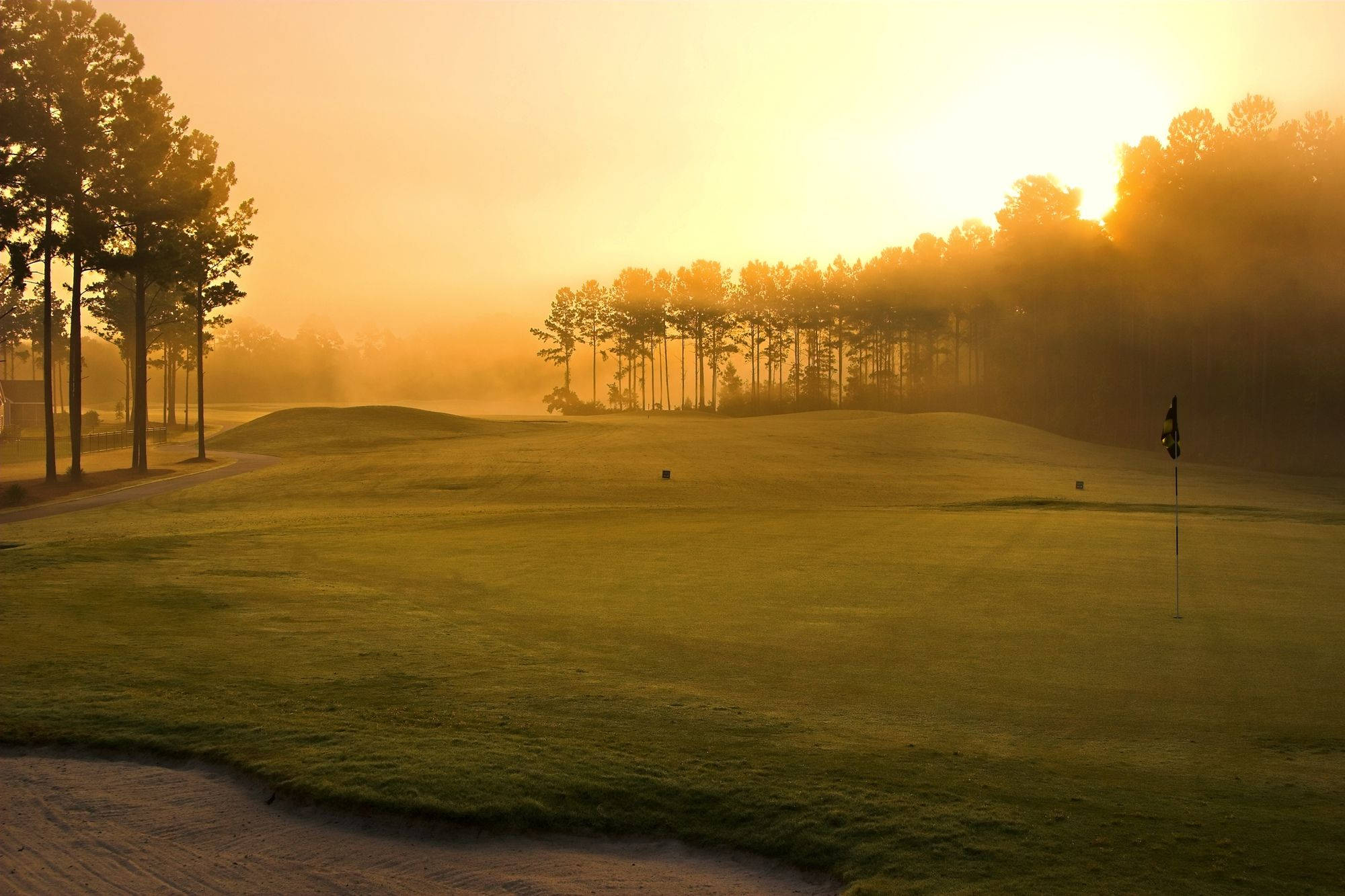 foggy sunset, cool golf course, golden sunrise, Full HD Desktop Wallpaper
