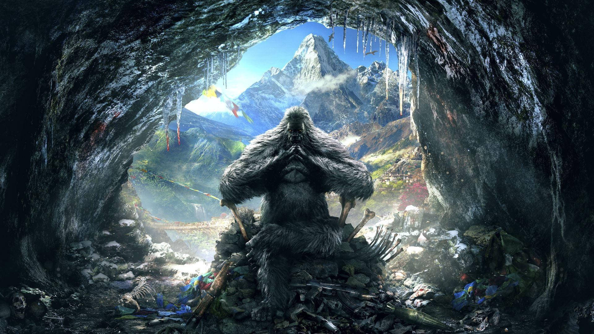 Cool Gorilla, shaggy giant, dark cave, Full HD Desktop Wallpaper