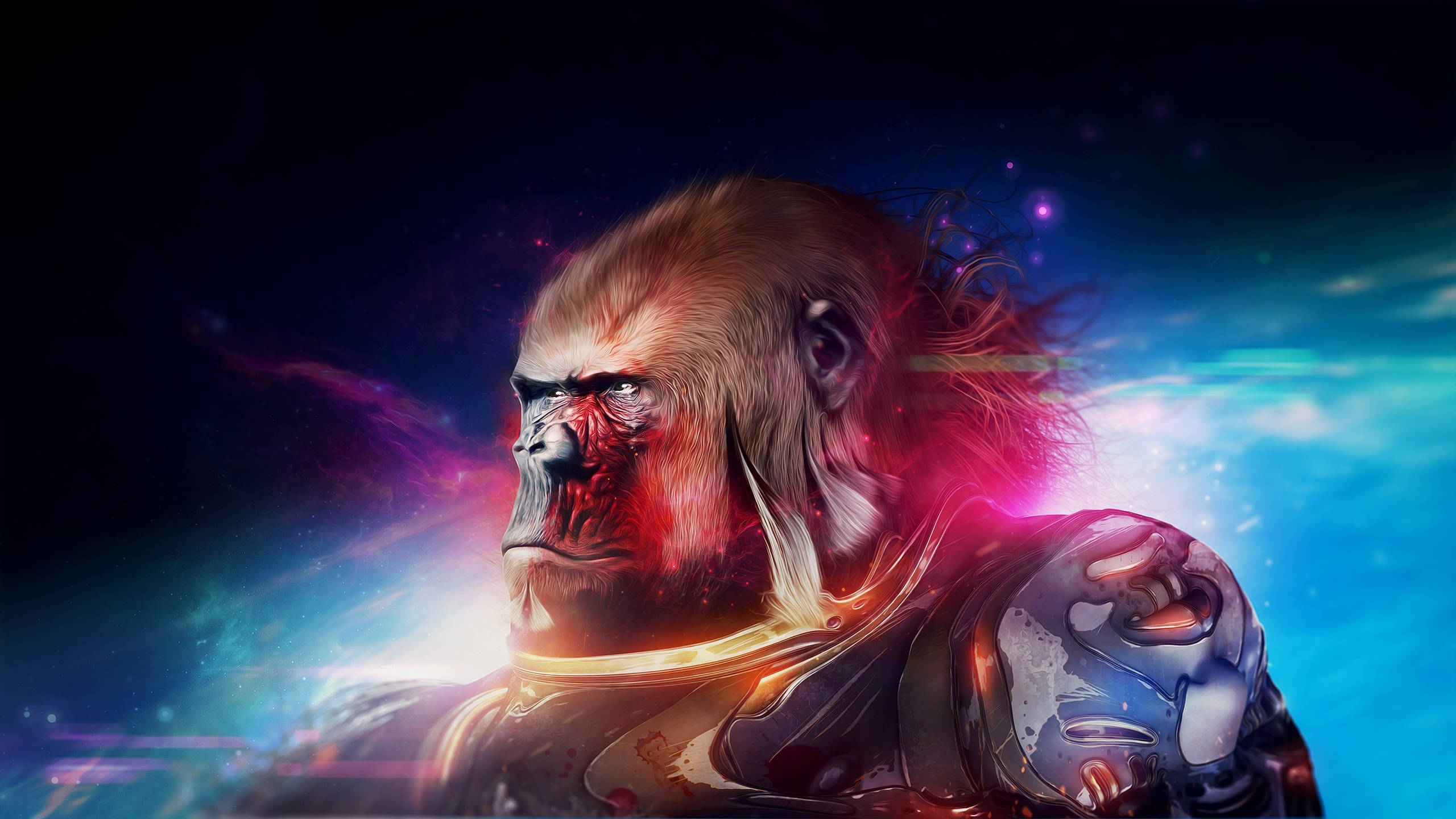 Futuristic Space Cool Gorilla Art, fierce ape warrior, glowing red scars, 2K Desktop Wallpaper