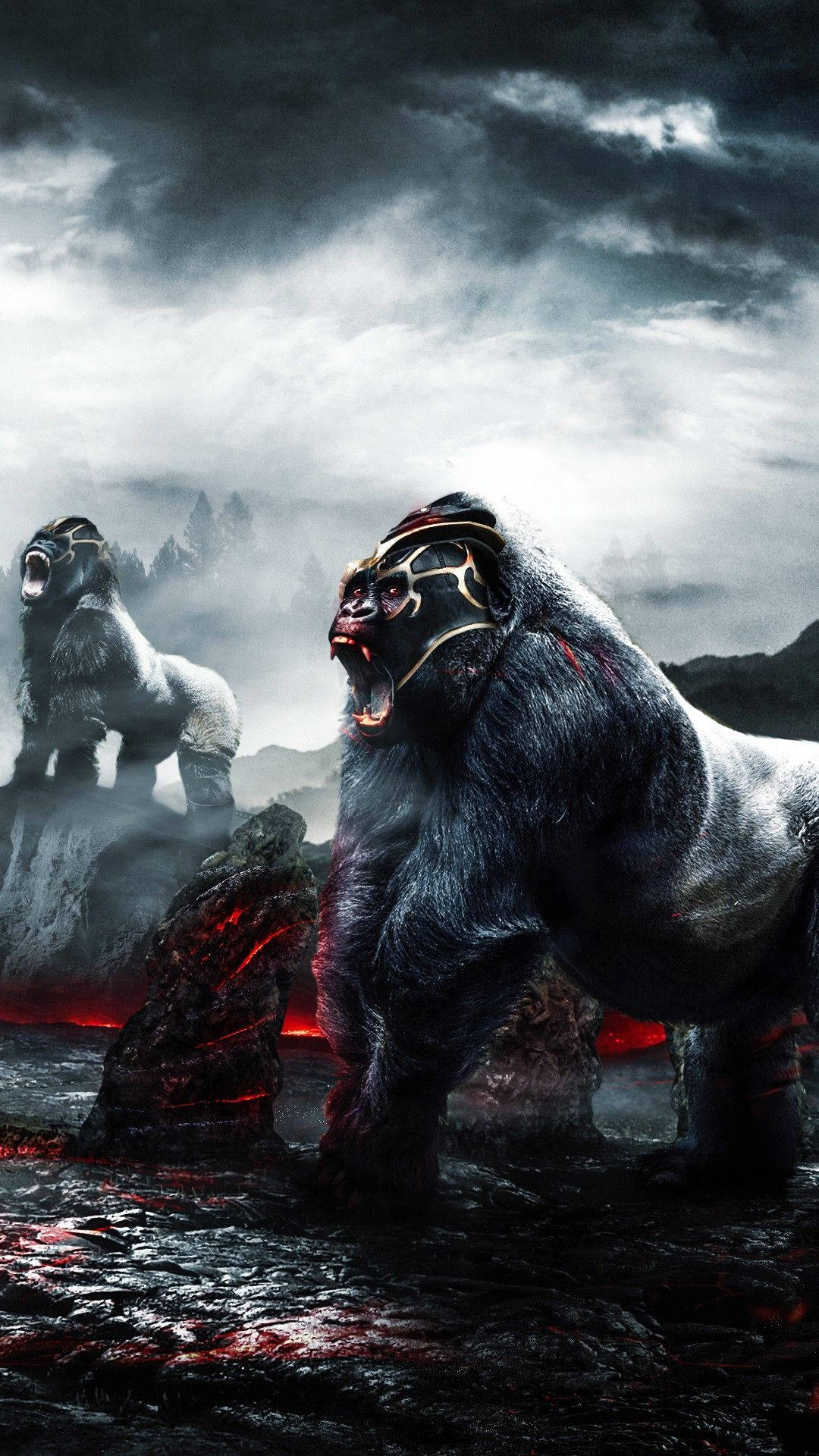 Cool Gorilla, gorillas, volcanic landscape, Full HD Phone Wallpaper
