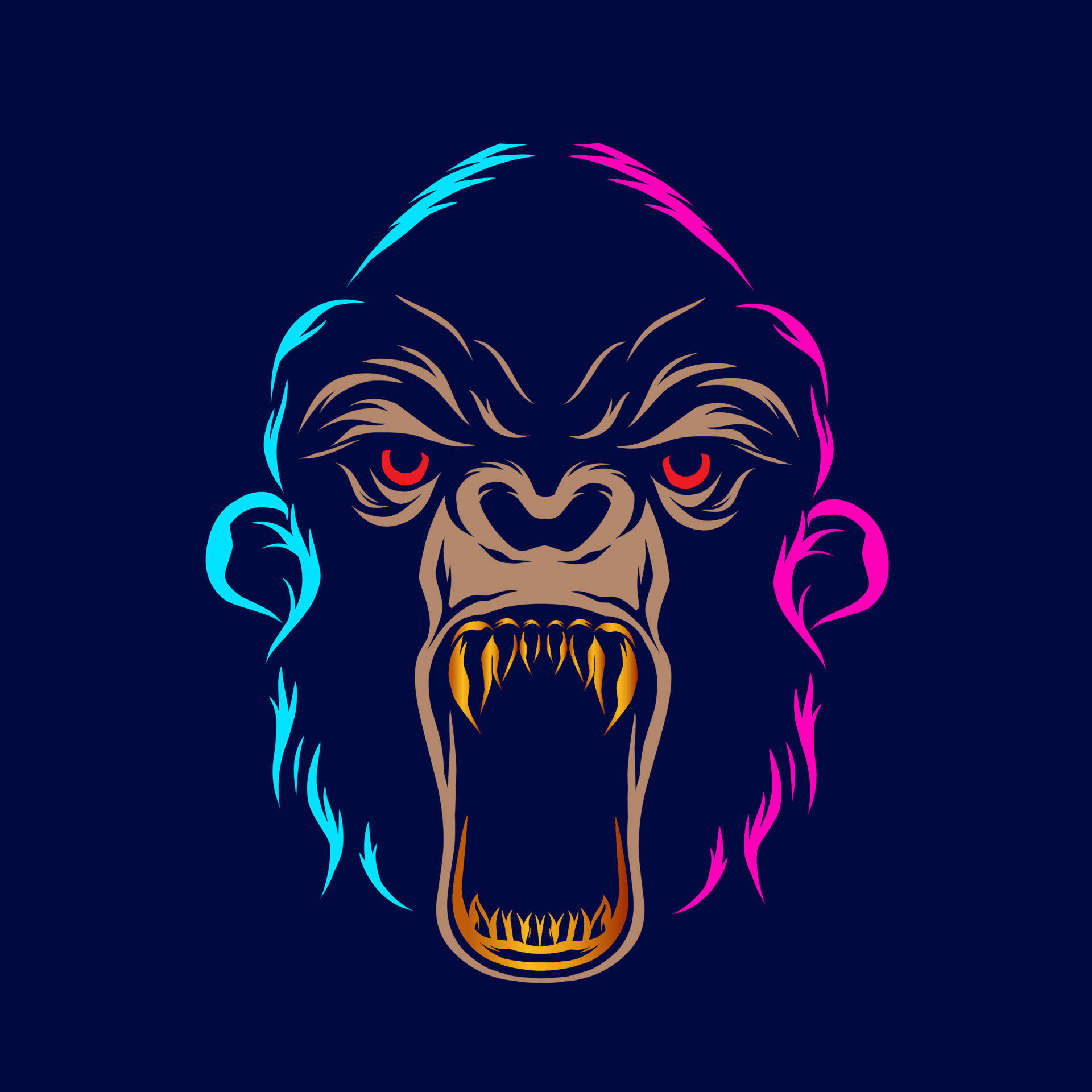 Cool Gorilla, glowing red eyes, neon blue pink hair, Full HD Desktop Wallpaper
