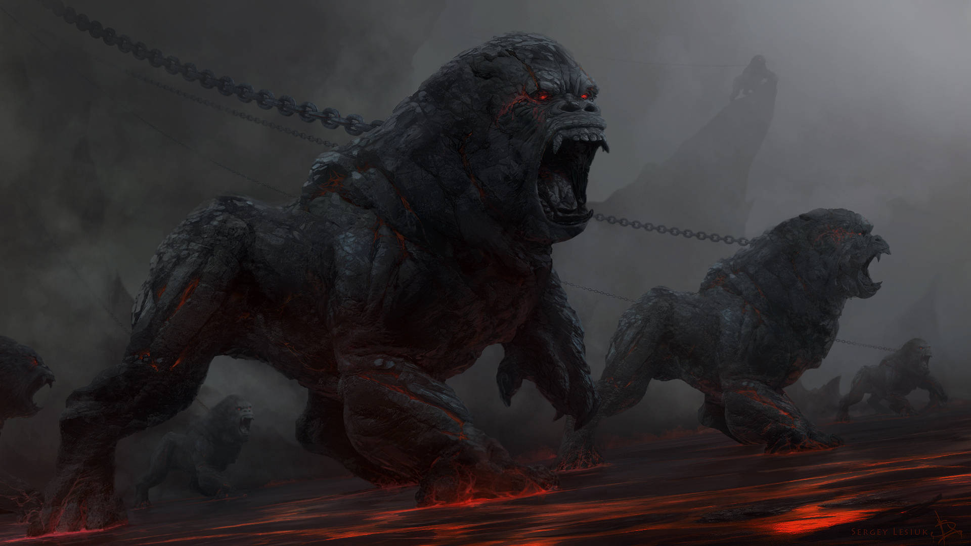 Cool Gorilla, lava-covered gorilla, hellish volcanic landscape, Full HD Desktop Wallpaper