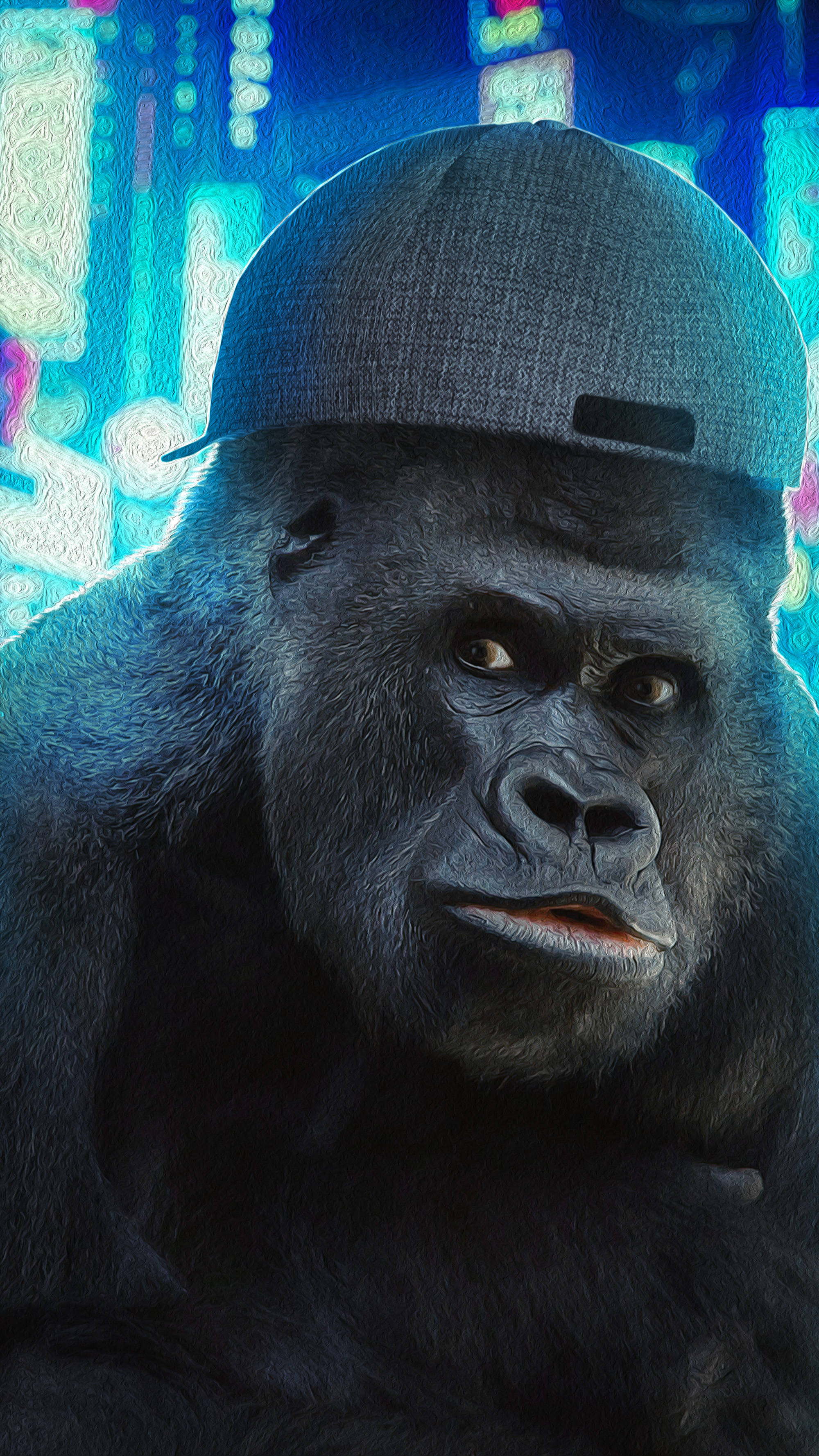 Cool Gorilla, grey baseball cap, neon-lit urban backdrop, 2K Phone Wallpaper