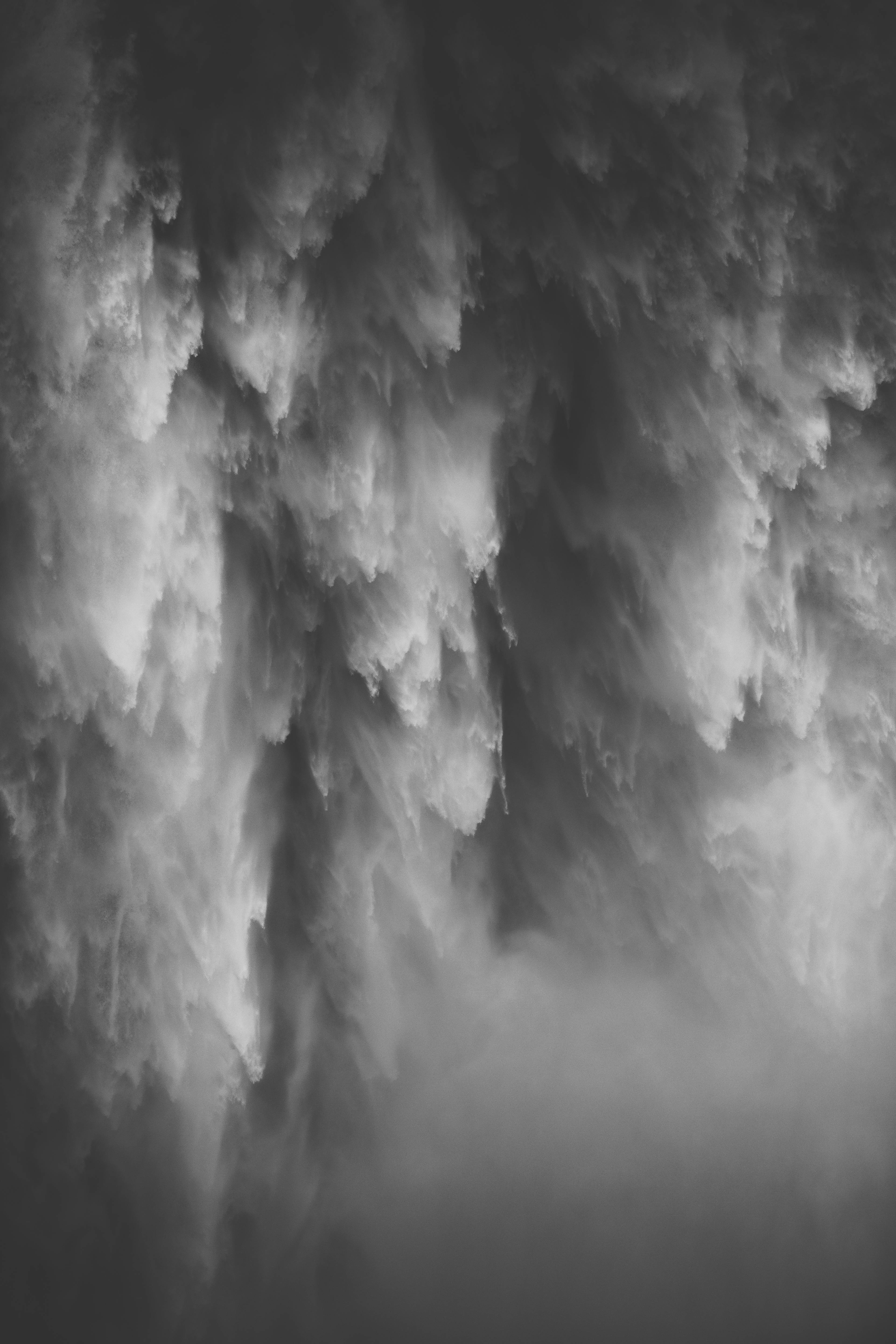 shades of grey, monochrome, cascading water mist, 5K Phone Wallpaper