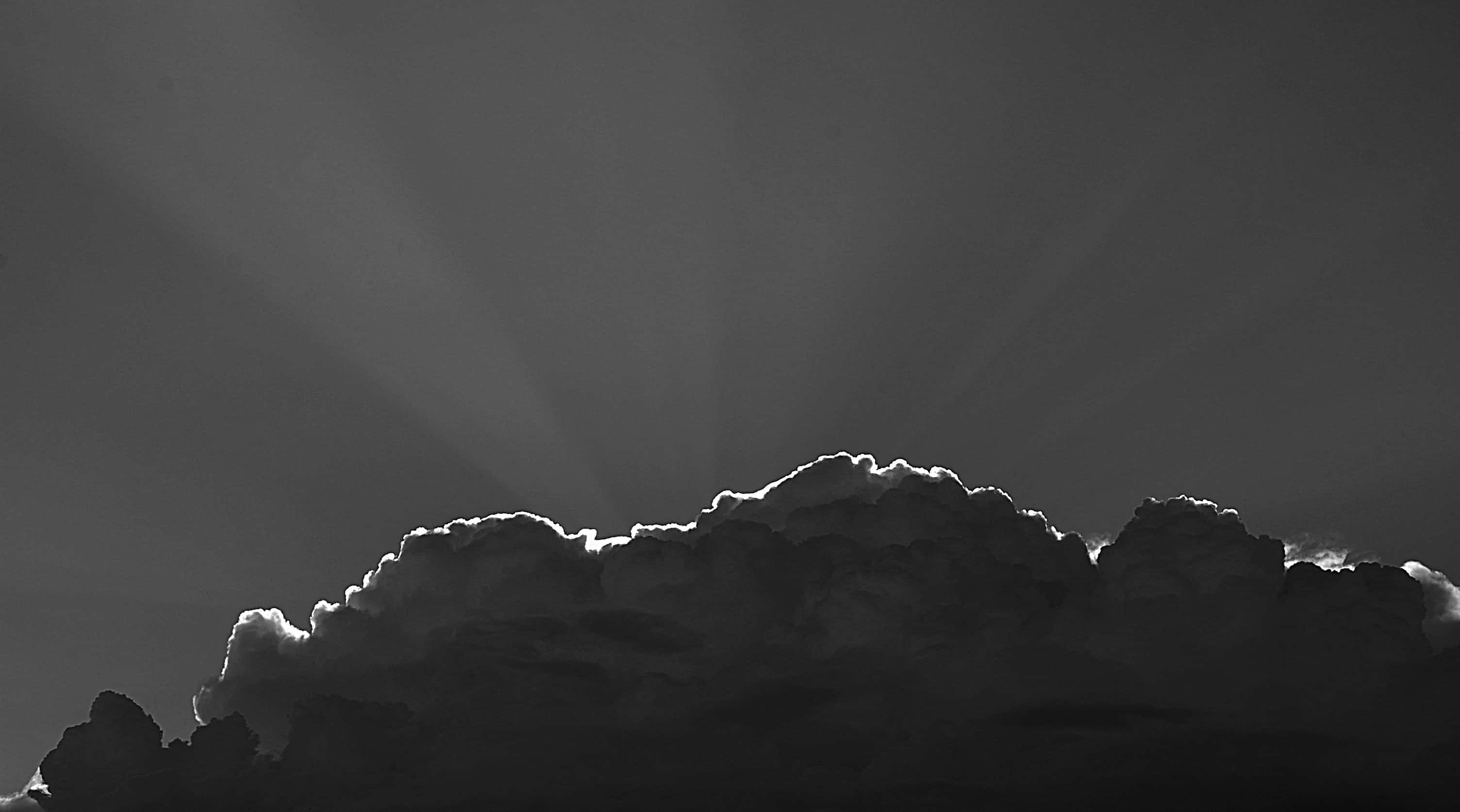 Cool Grey, monochrome clouds, radiant sunbeams, 2K Desktop Wallpaper