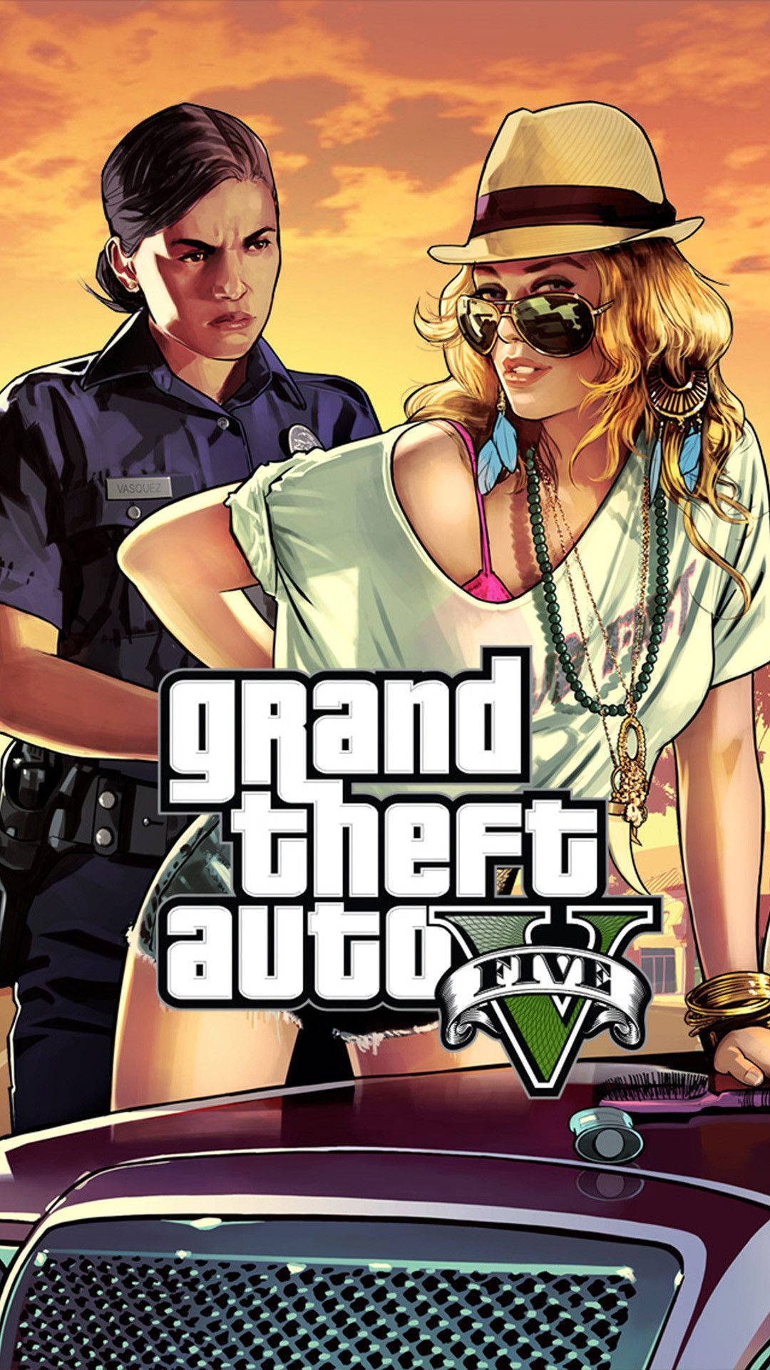 GTA 5, sunset sky, police uniform, Full HD Phone Wallpaper