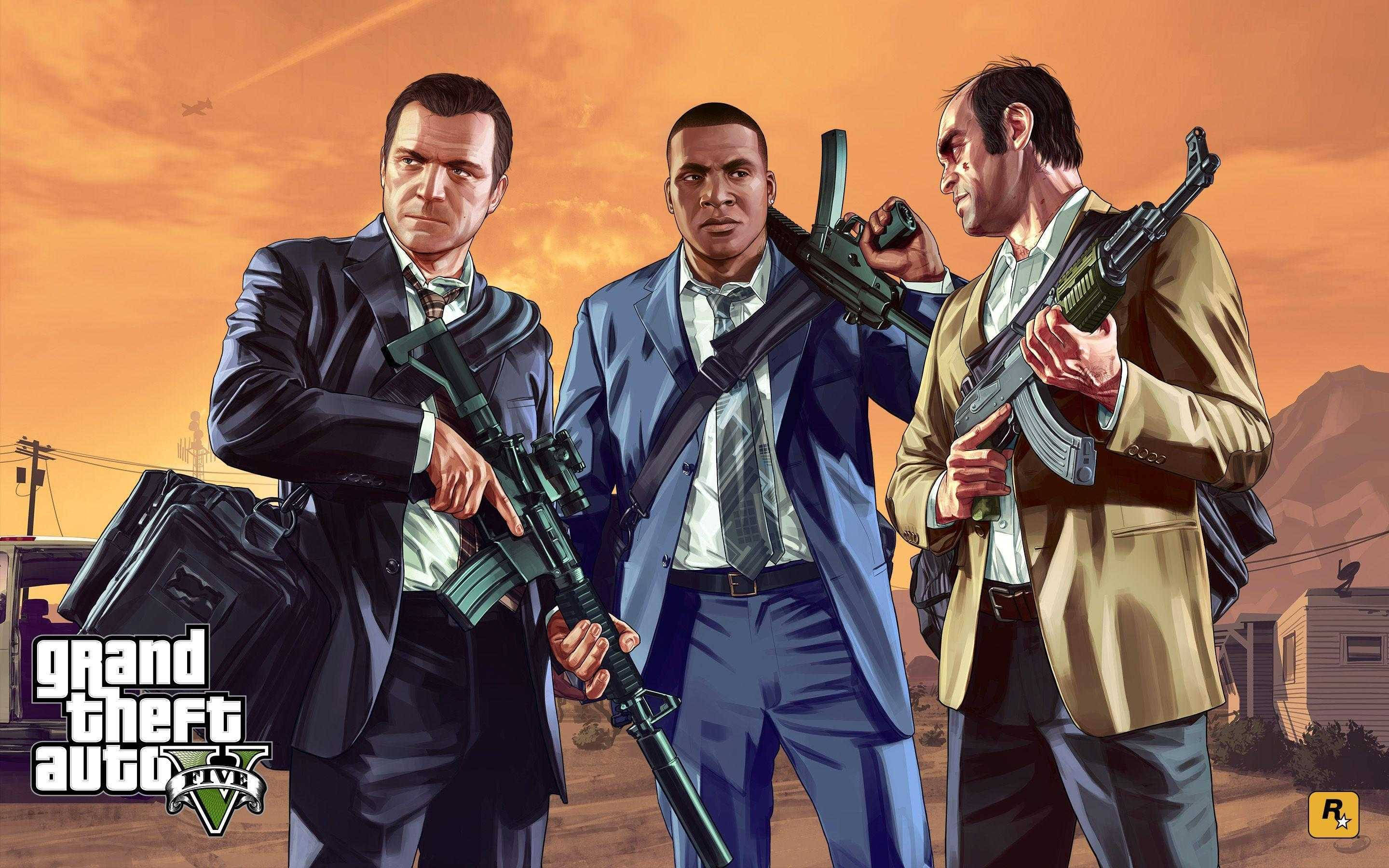 GTA 5, main trio, desert town, 2K Desktop Wallpaper
