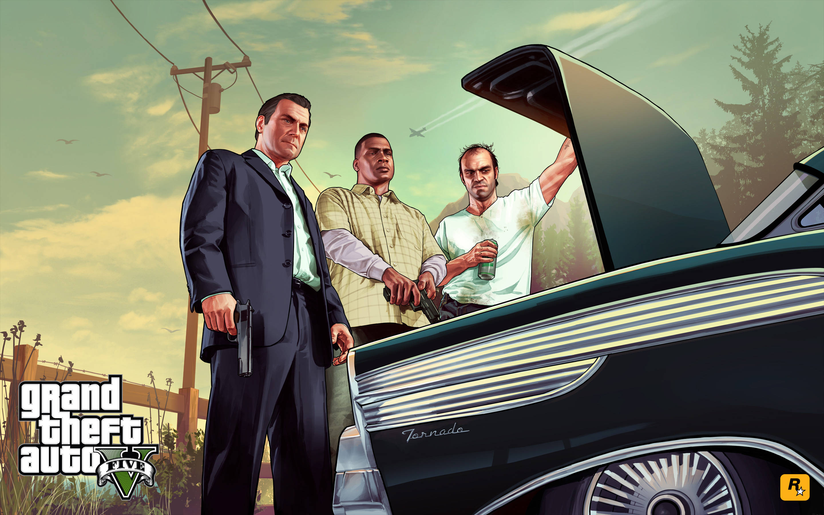 GTA 5, three men, black classic car, 2K Desktop Wallpaper