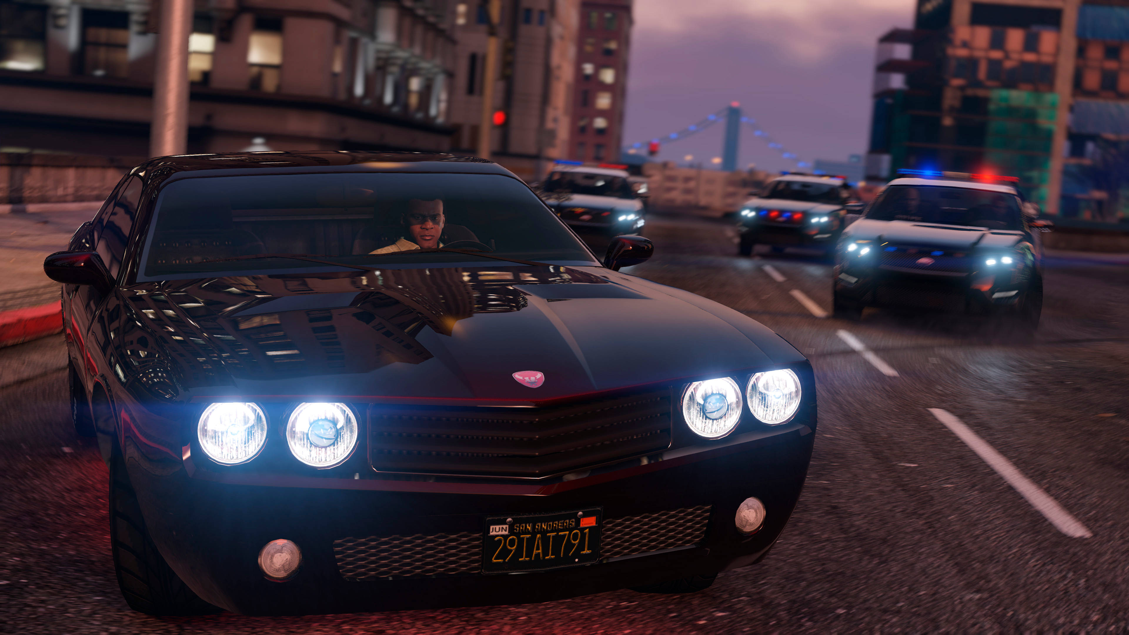 GTA, black muscle car, city street, 4K Desktop Wallpaper