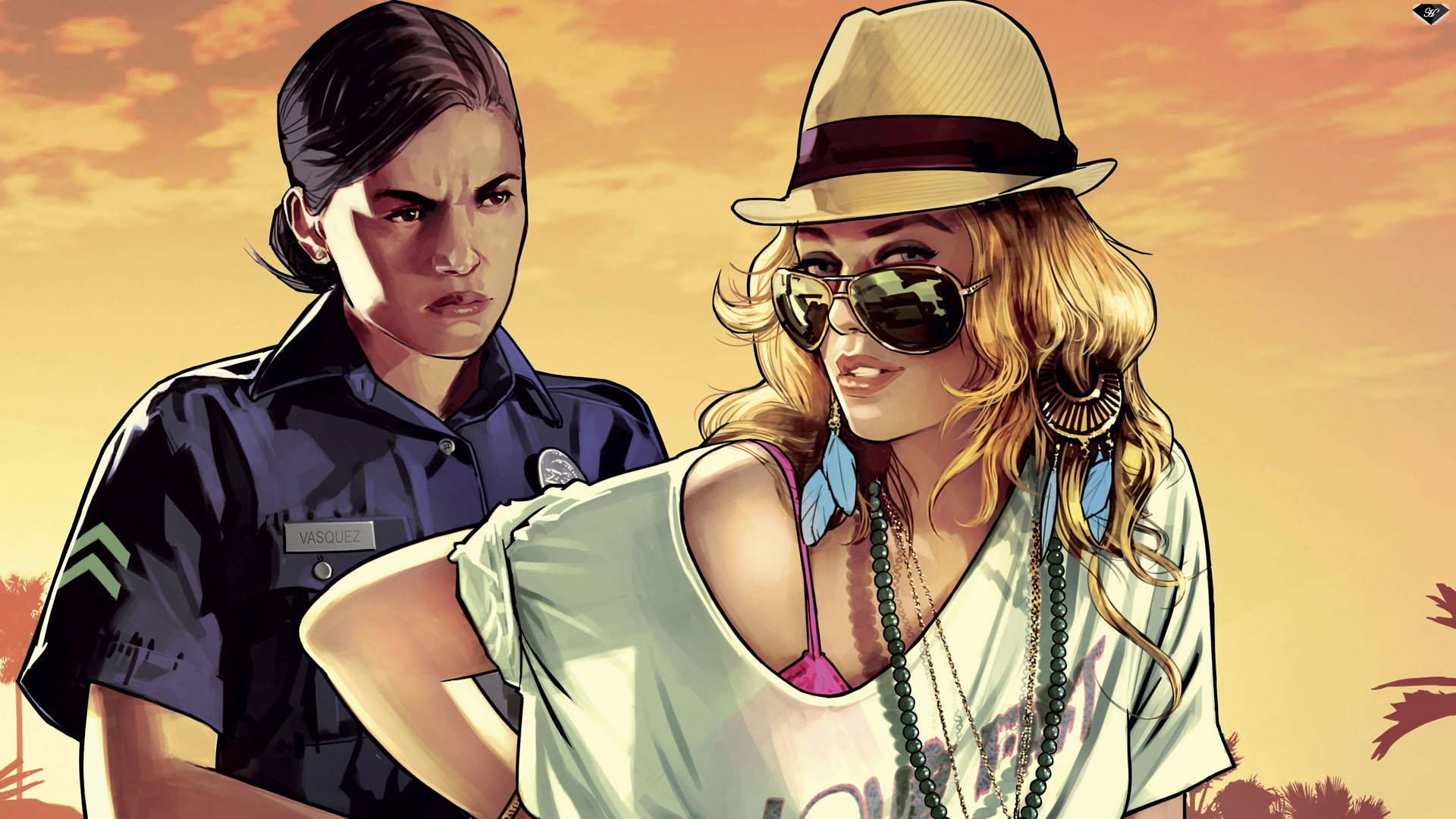 Cool GTA Girl, police officer, sunglasses, Full HD Desktop Wallpaper