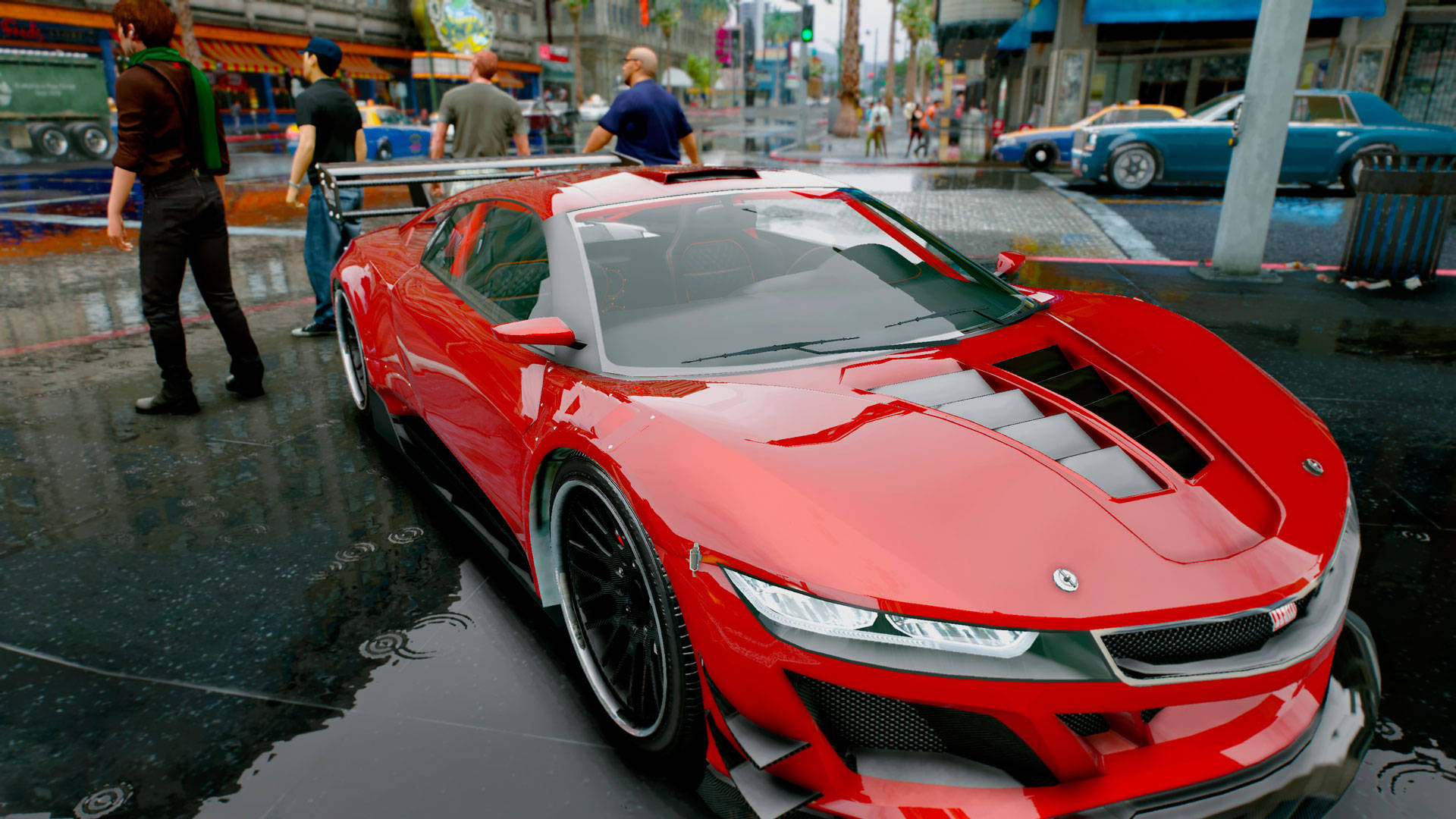 GTA, glossy red sports car, wet city pavement, Full HD Desktop Wallpaper