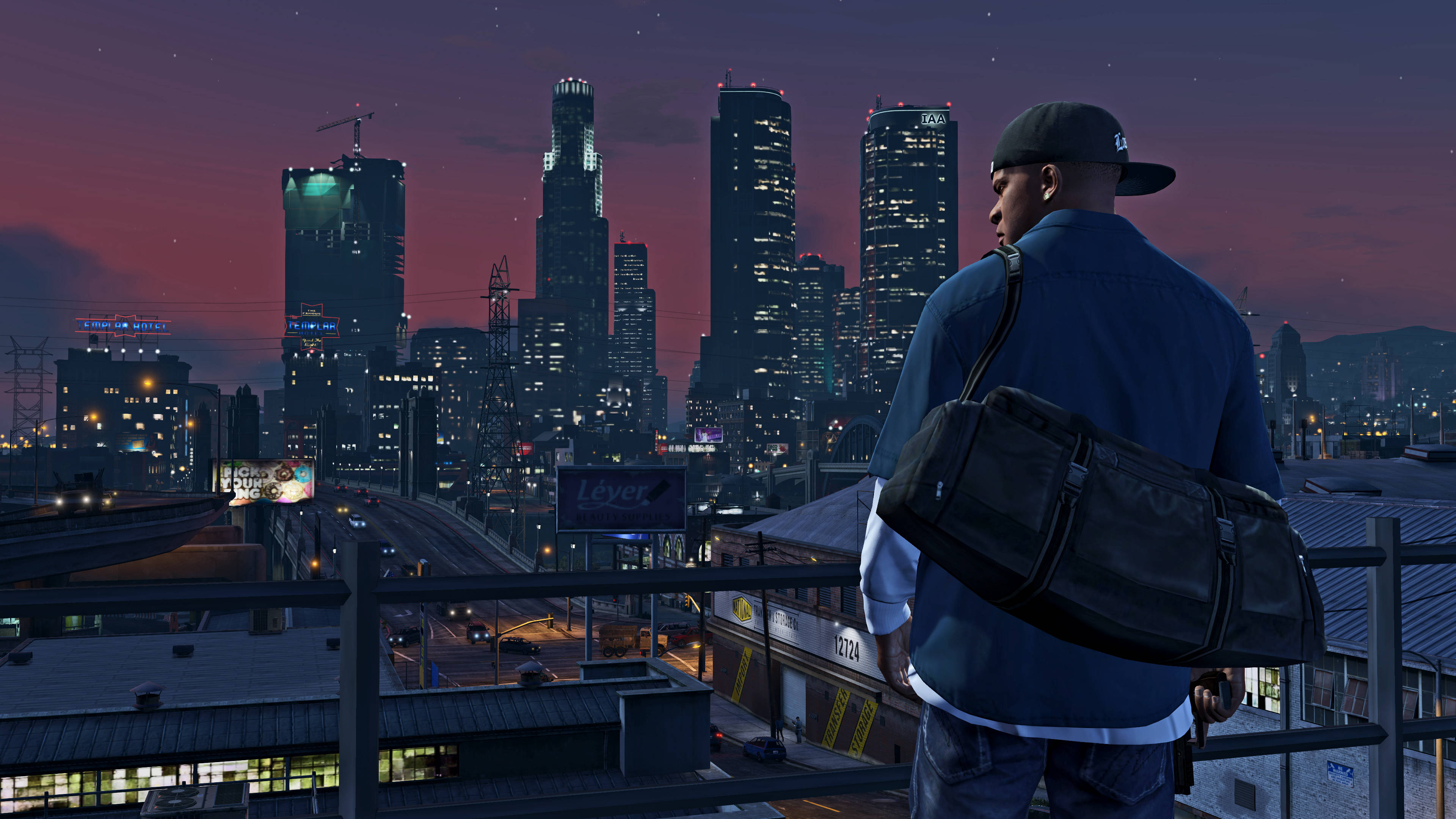 GTA, rooftop, neon-lit cityscape, 4K Desktop Wallpaper