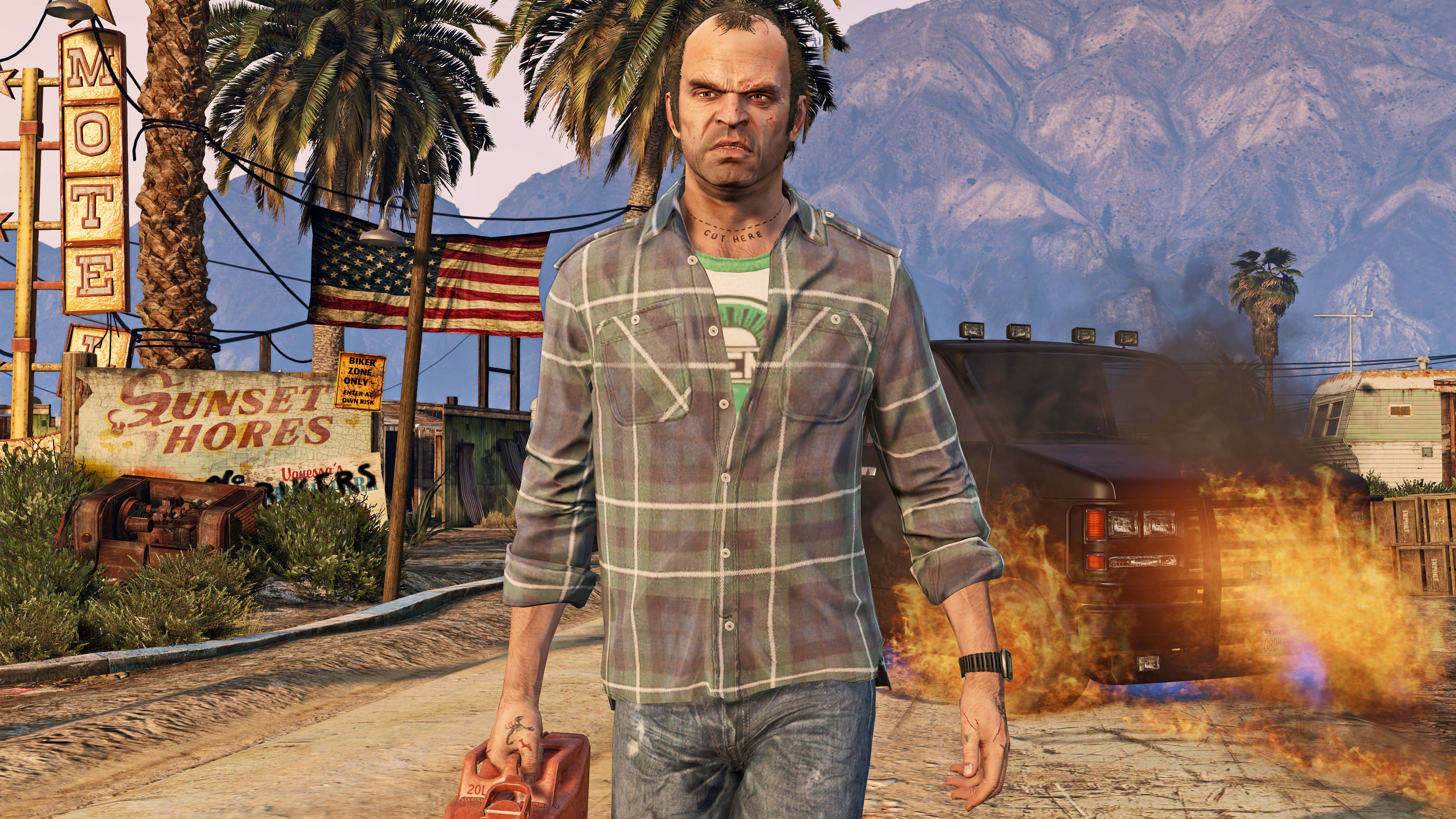 Cool GTA, plaid shirt, burning van, 4K Desktop Wallpaper