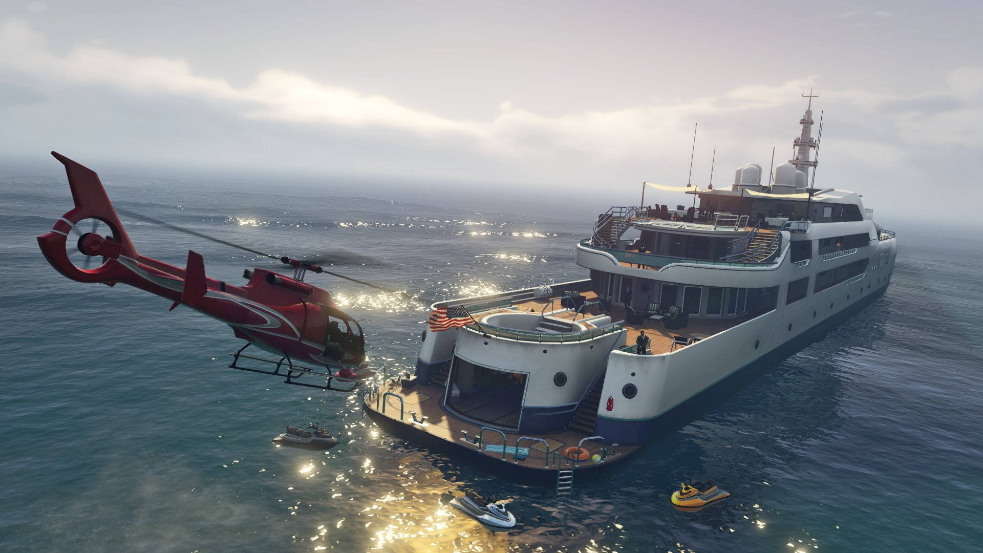 GTA V, red helicopter, large white yacht, Full HD Desktop Wallpaper