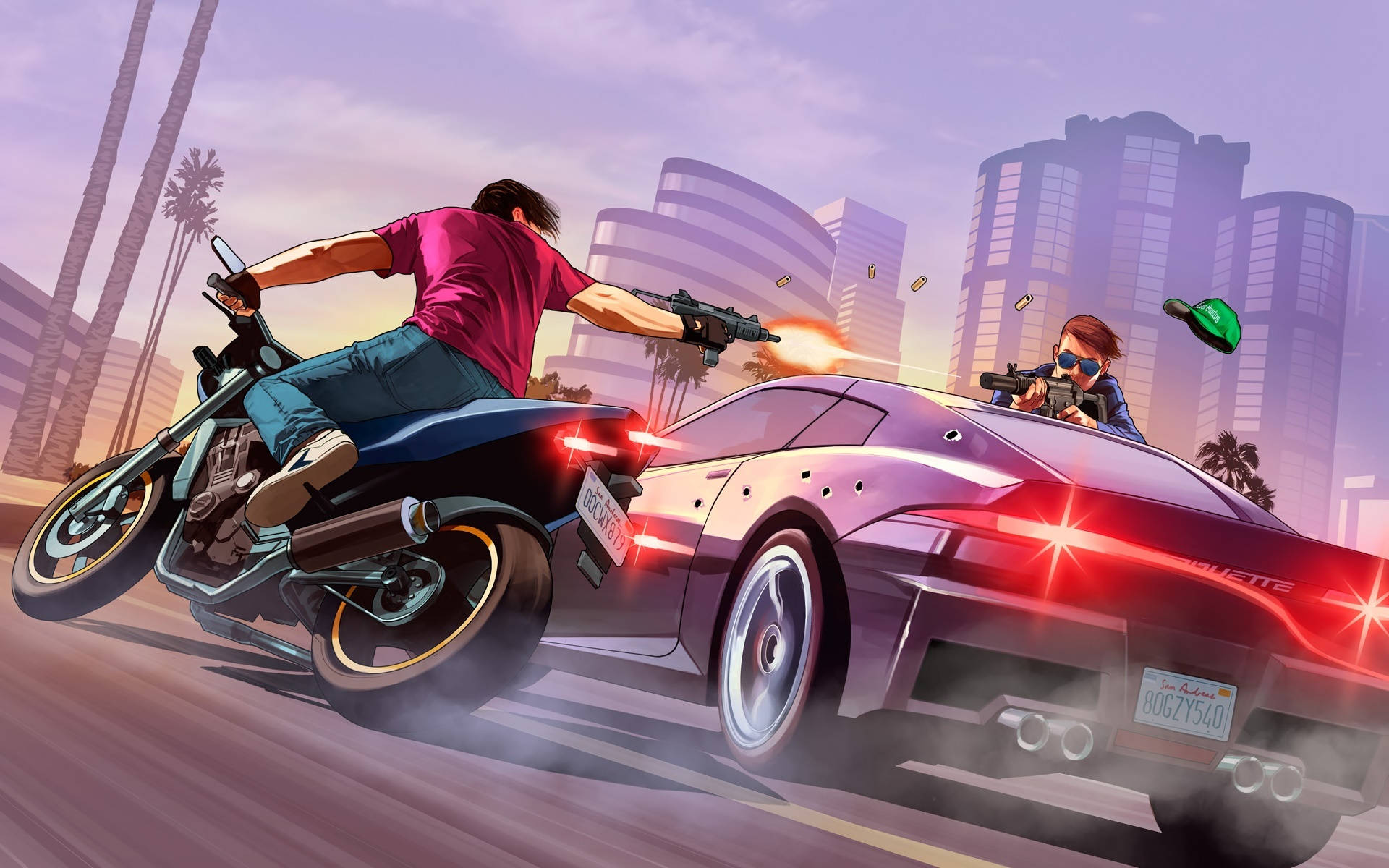 Cool GTA, motorcyclist, purple sports car, Full HD Desktop Wallpaper