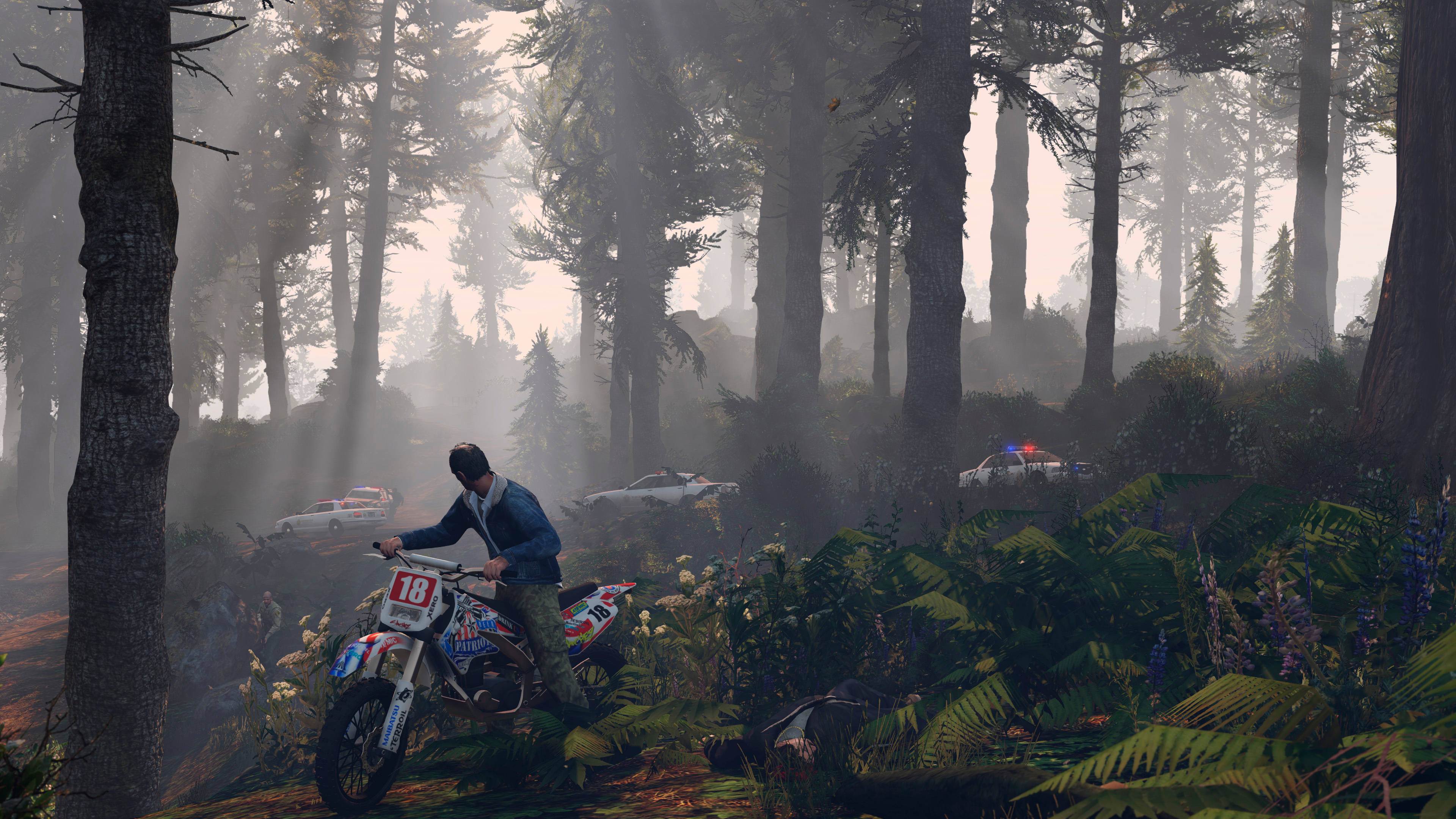 Cool GTA, dirt bike, misty forest trail, 4K Desktop Wallpaper