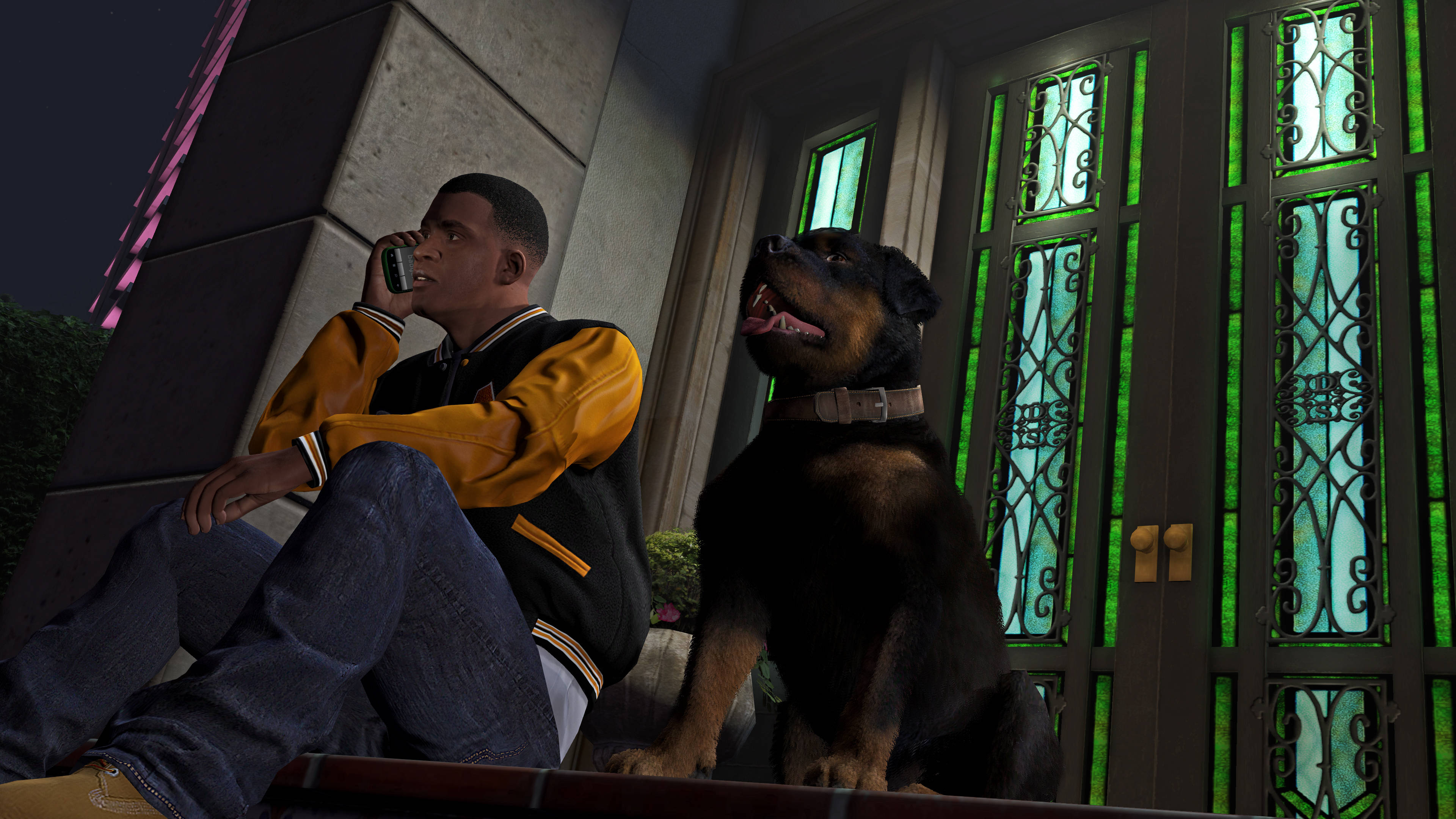 Rottweiler dog, yellow and black jacket, bench, 4K Desktop Wallpaper