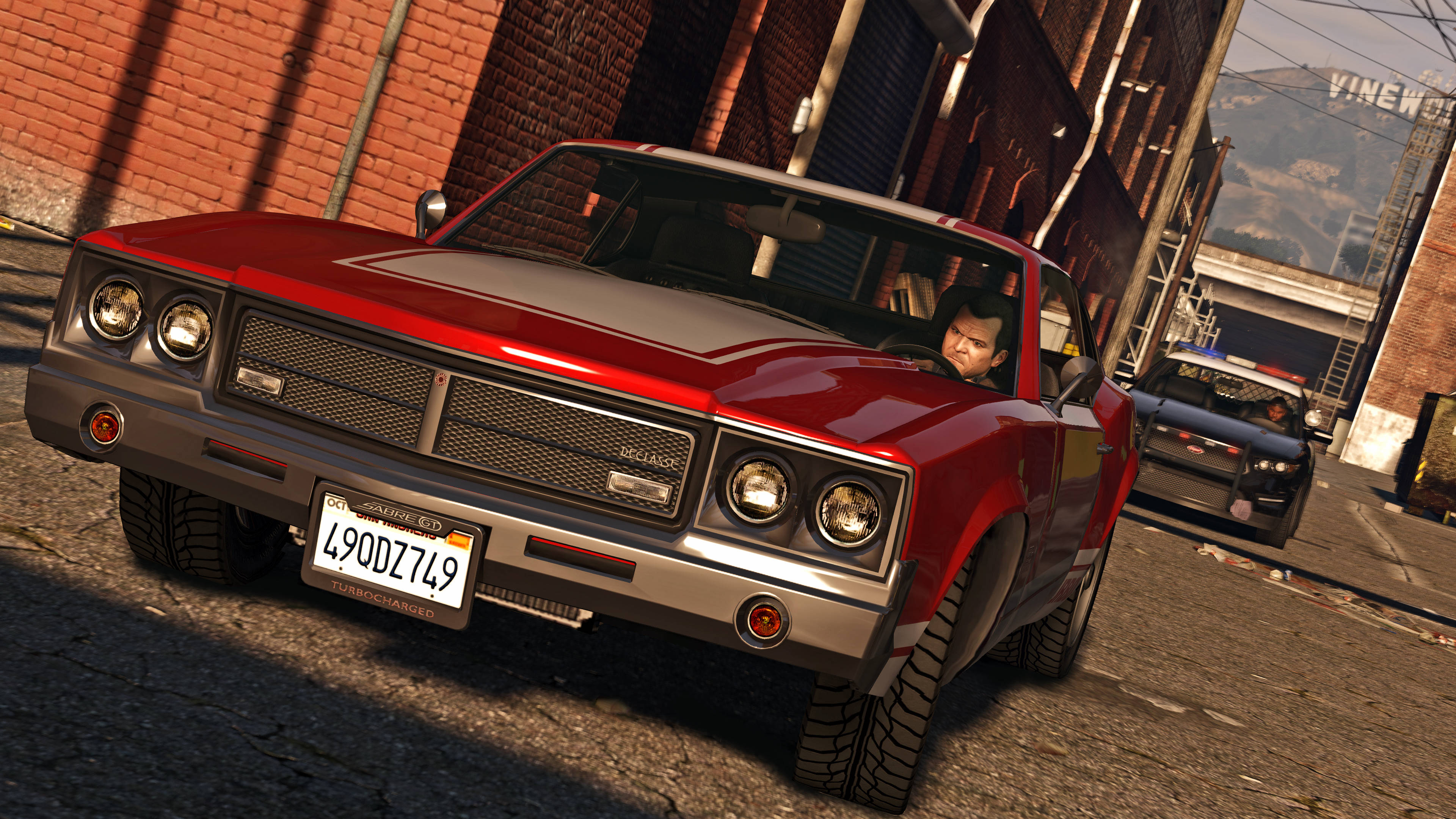 Cool GTA, red classic muscle car, chrome details, 4K Desktop Wallpaper