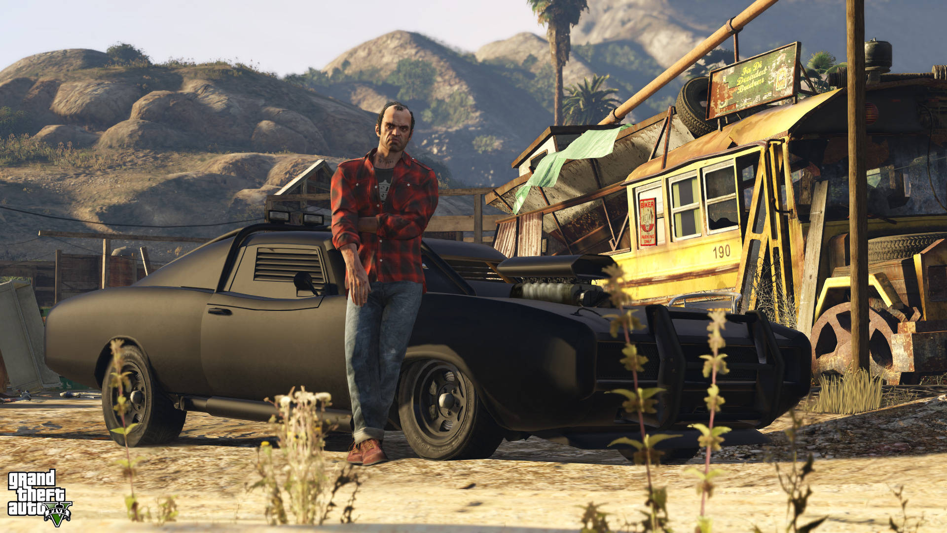 Cool GTA Man, black muscle car, dusty desert junkyard, Full HD Desktop Wallpaper