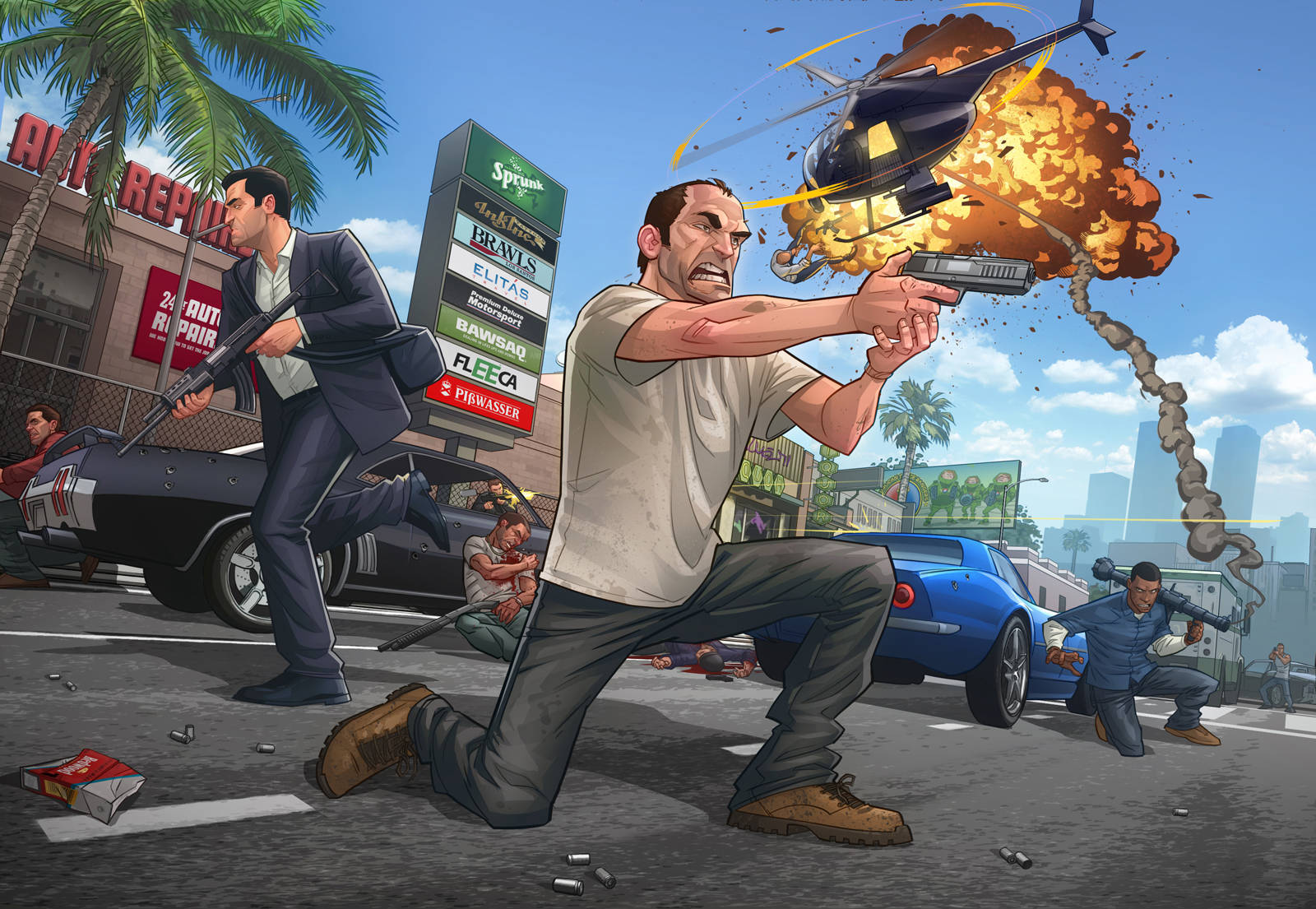 Cool GTA, street shootout, helicopter, HD Desktop Wallpaper