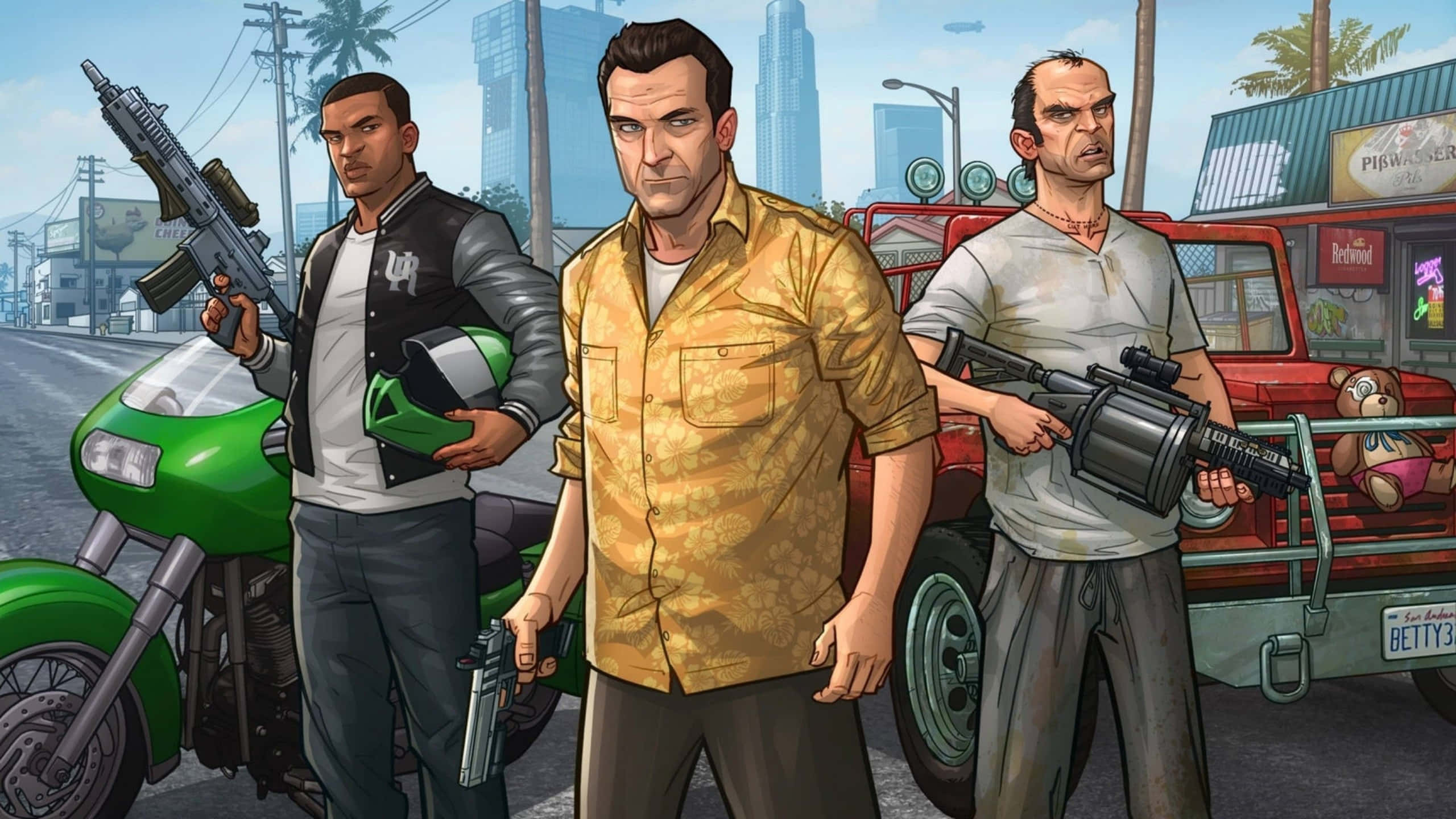 GTA 5, green motorcycle, red truck, 2K Desktop Wallpaper
