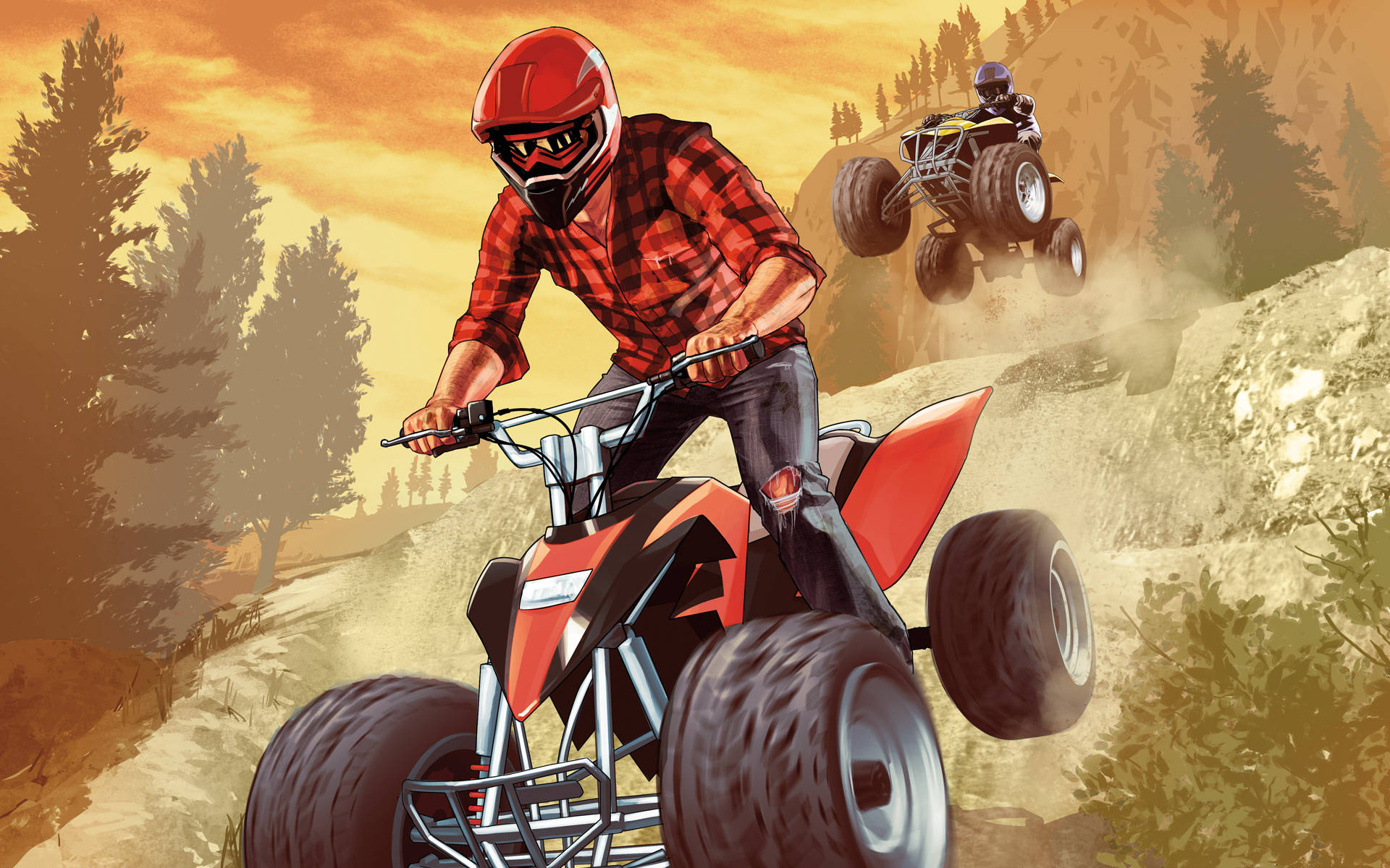 GTA, red and black ATVs, dusty forest trail, Full HD Desktop Wallpaper