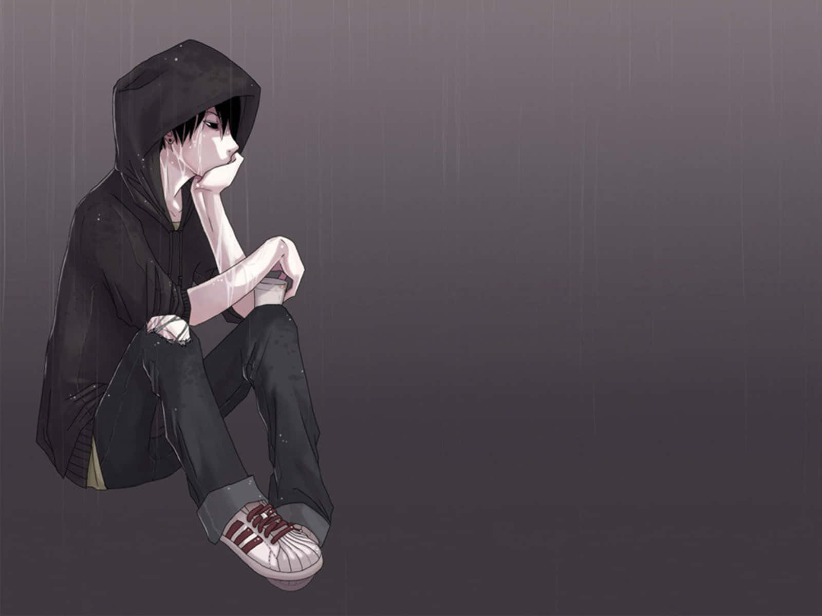 emo cool guy, black hoodie, rain, HD Desktop Wallpaper