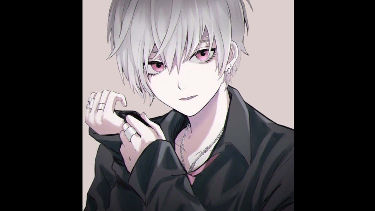 silver-haired anime boy, pink eyes, rings, HD Desktop Wallpaper