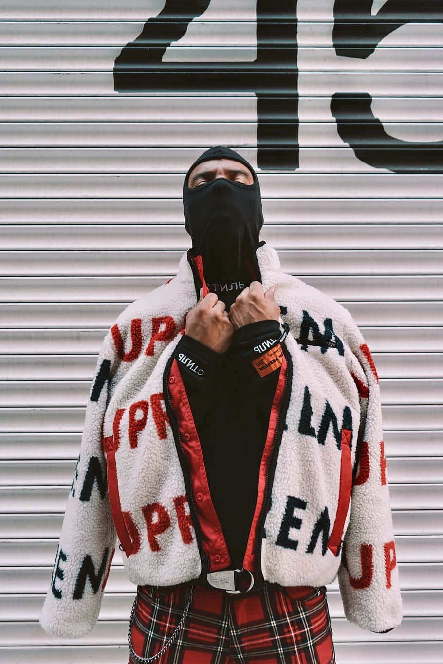 black balaclava, branded fuzzy jacket, corrugated metal shutter, HD Phone Wallpaper