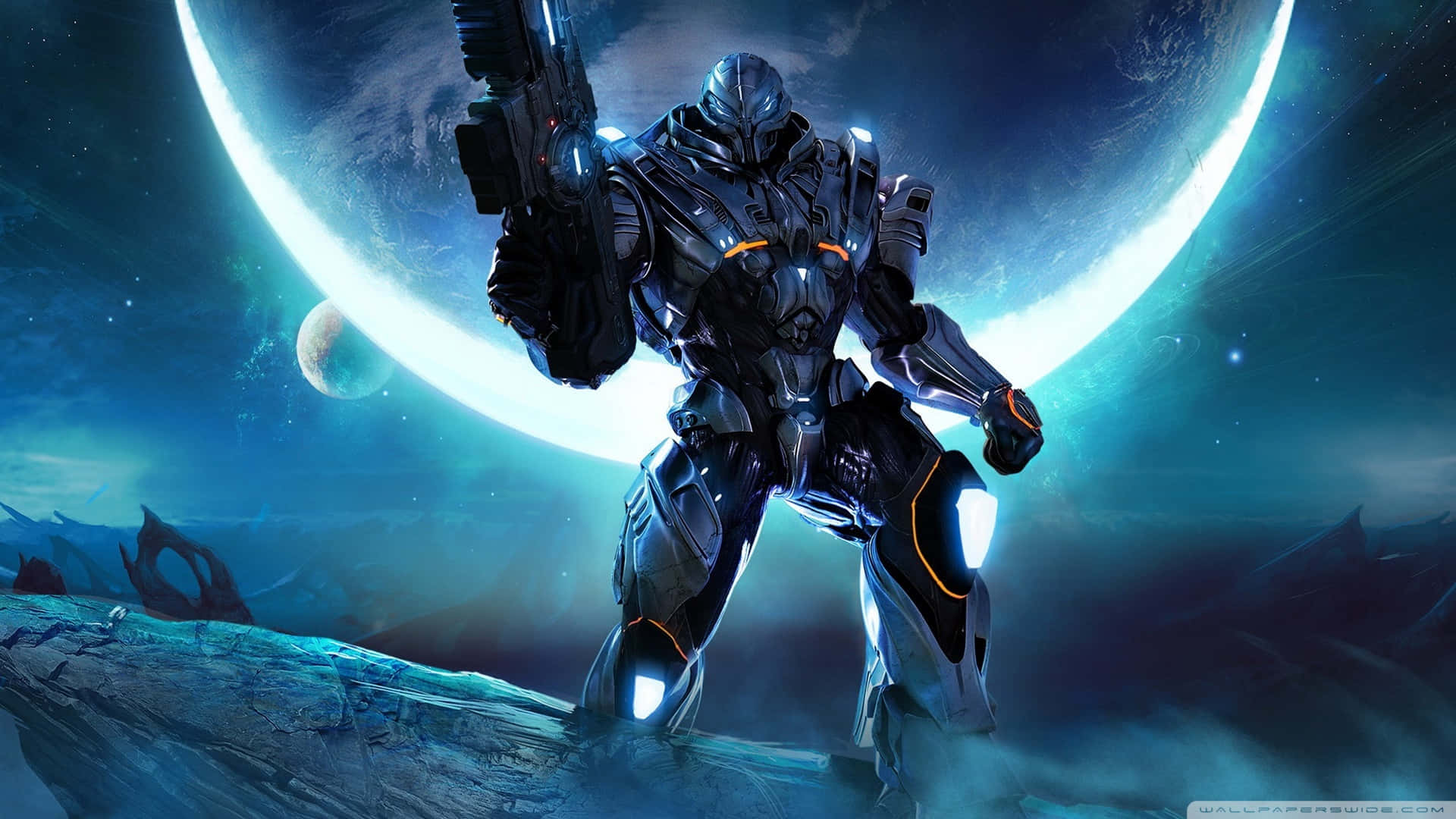 futuristic armored warrior, rocky outcrop, glowing crescent moon, Full HD Desktop Wallpaper