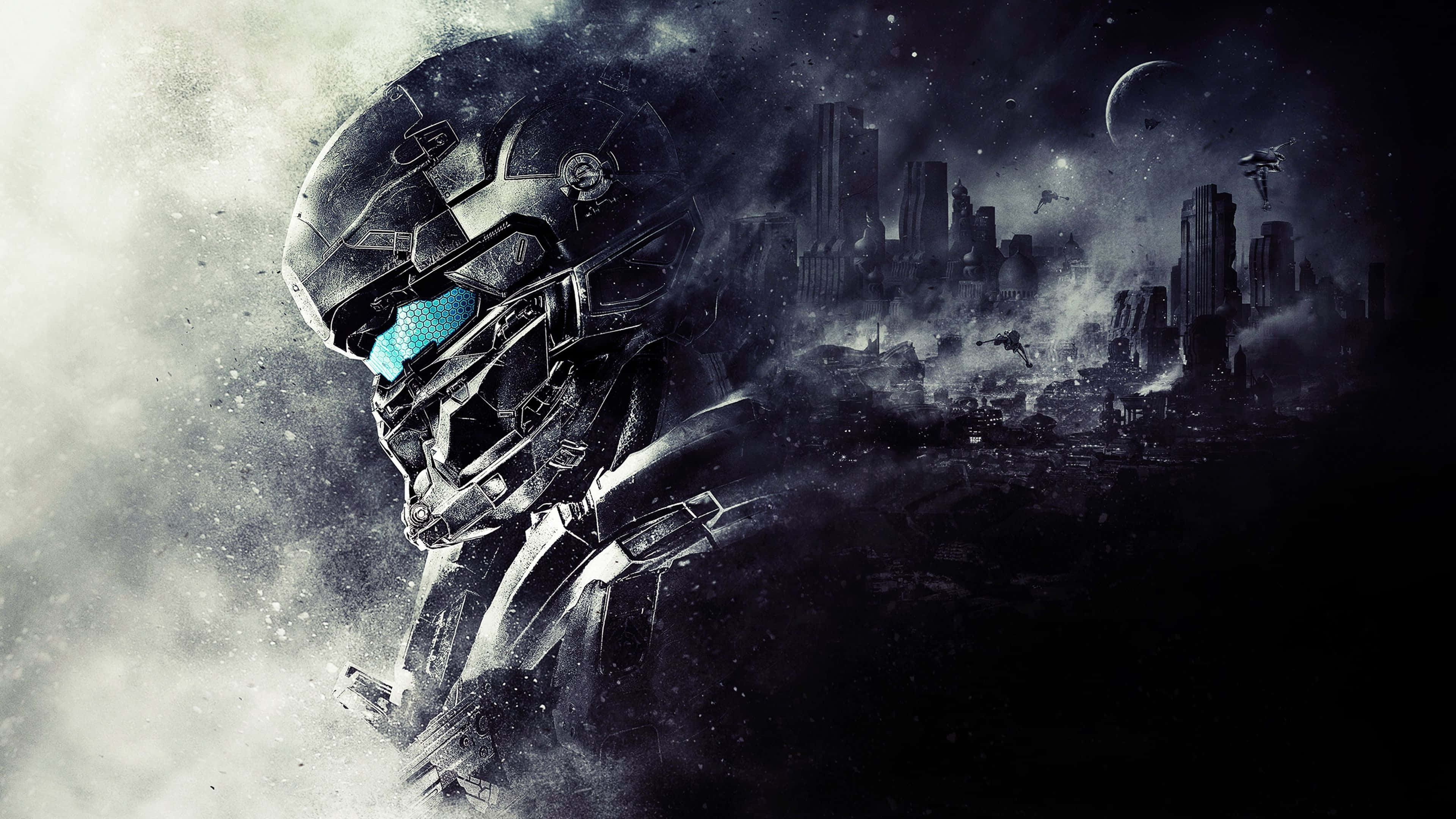 Cool Halo, futuristic soldier, glowing blue visor, 4K Desktop Wallpaper