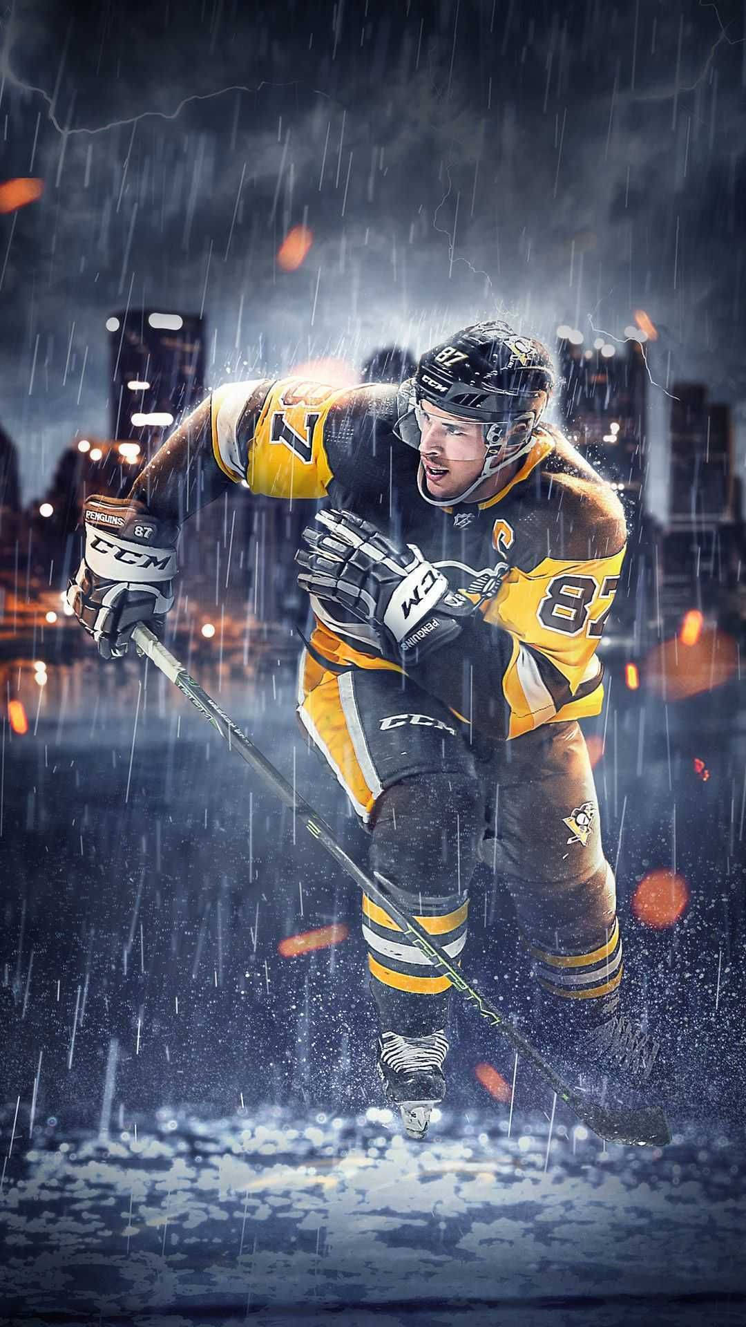 hockey player, yellow and black gear, heavy rain, Full HD Phone Wallpaper