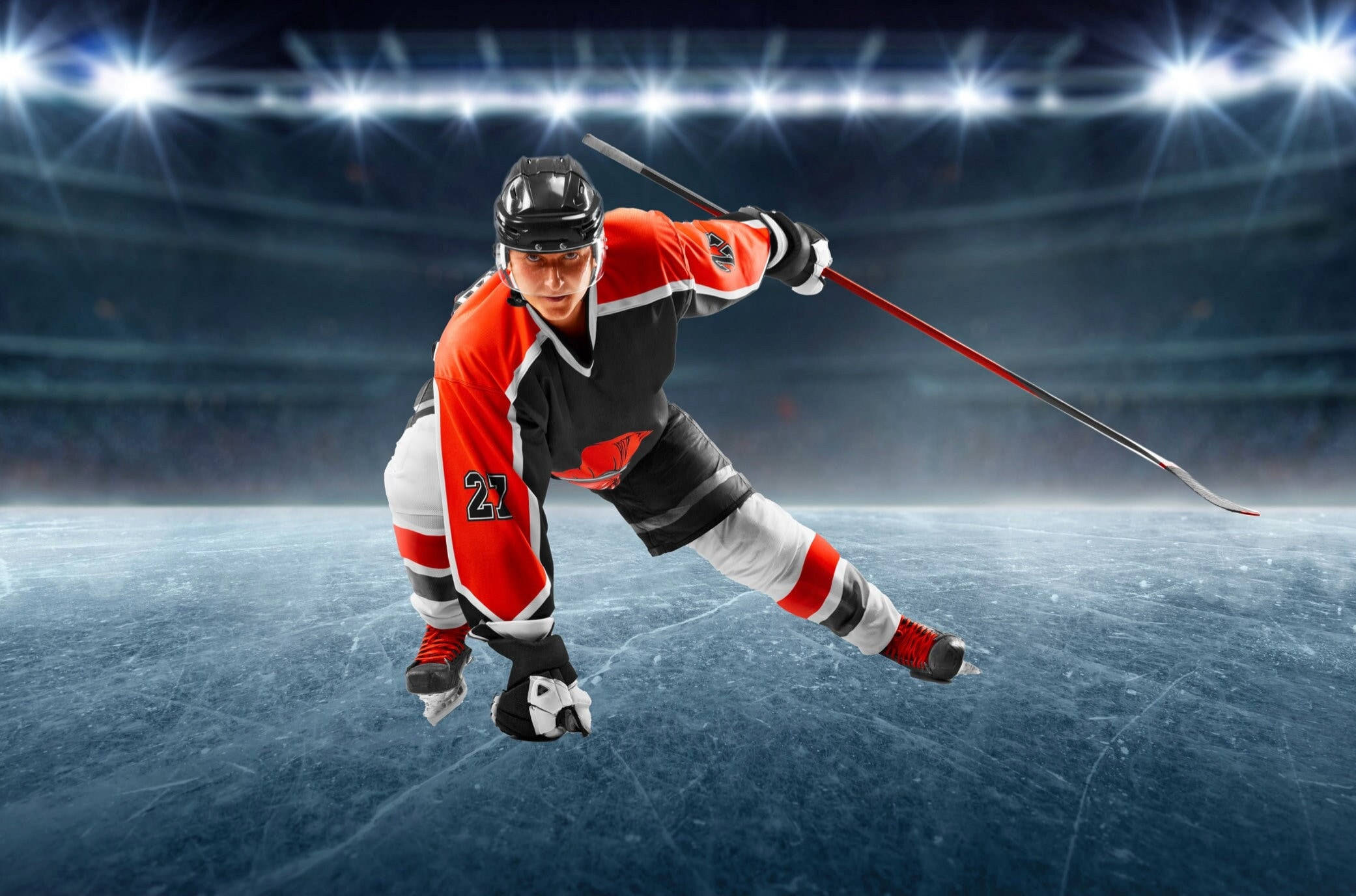 ice hockey player, red black and white uniform, skates dynamically on ice, Full HD Desktop Wallpaper