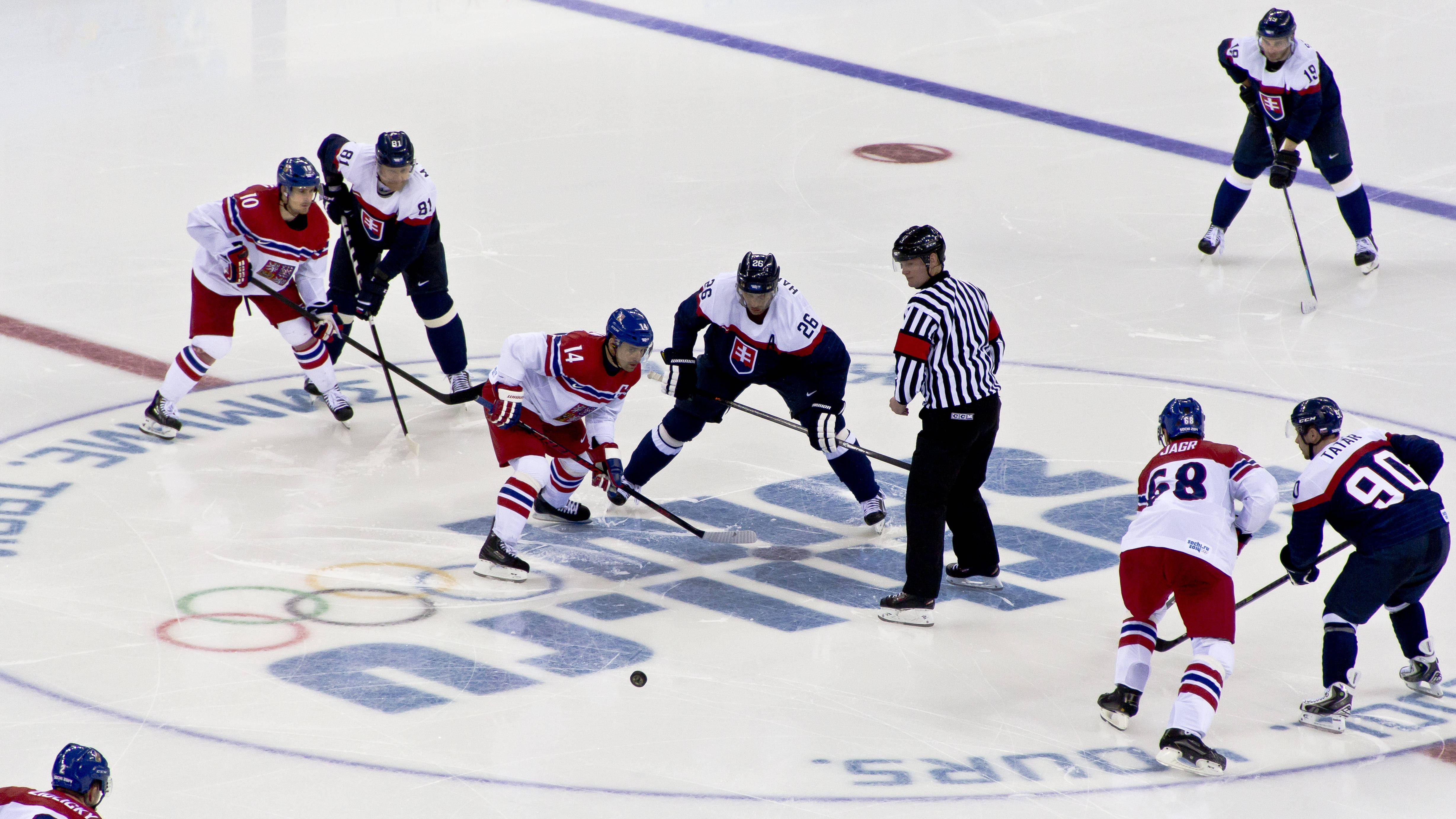 Olympic game, red and blue jerseys, ice hockey players, 4K Desktop Wallpaper