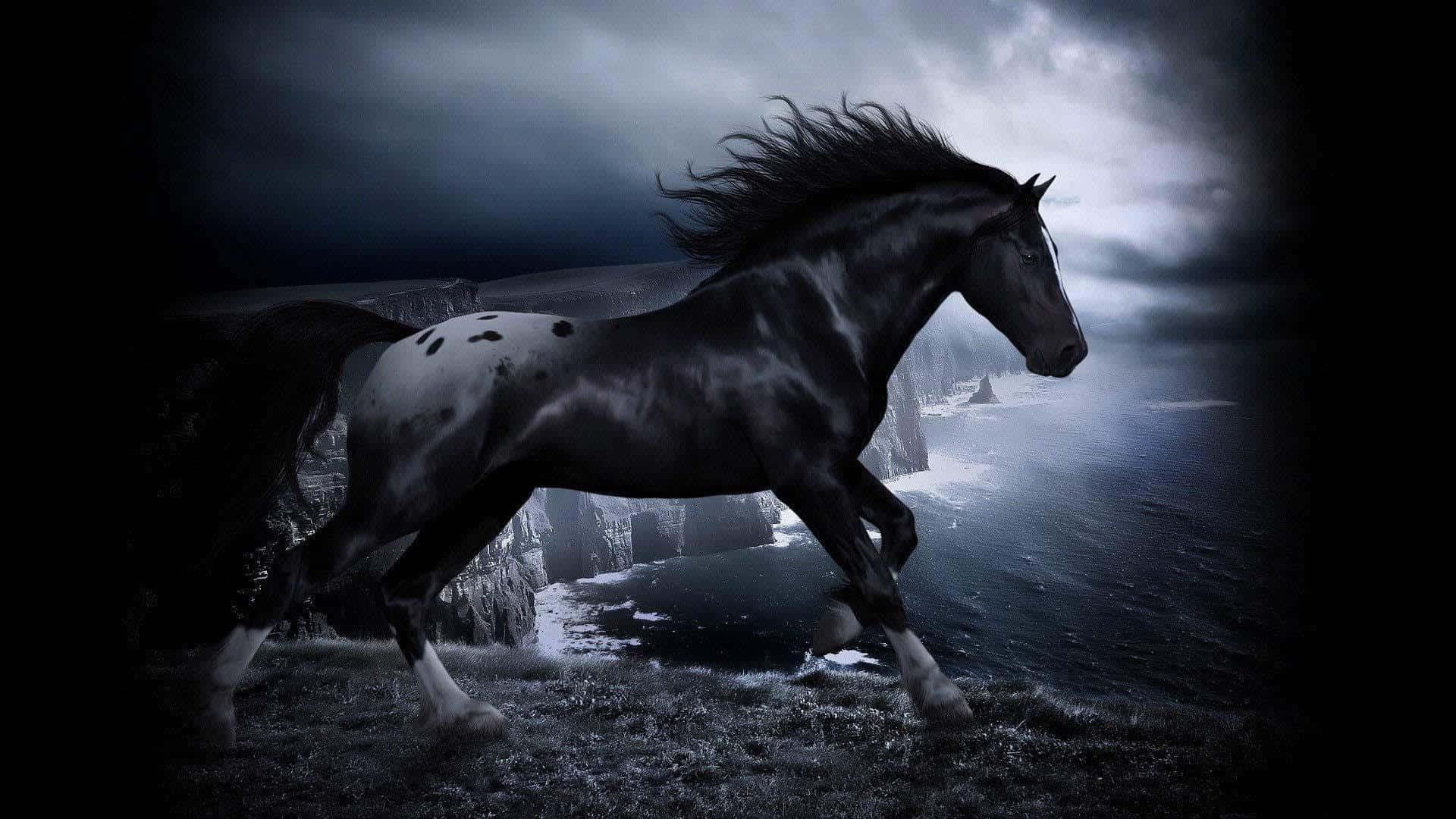 black and white horse, cliffside, stormy gray sky, Full HD Desktop Wallpaper