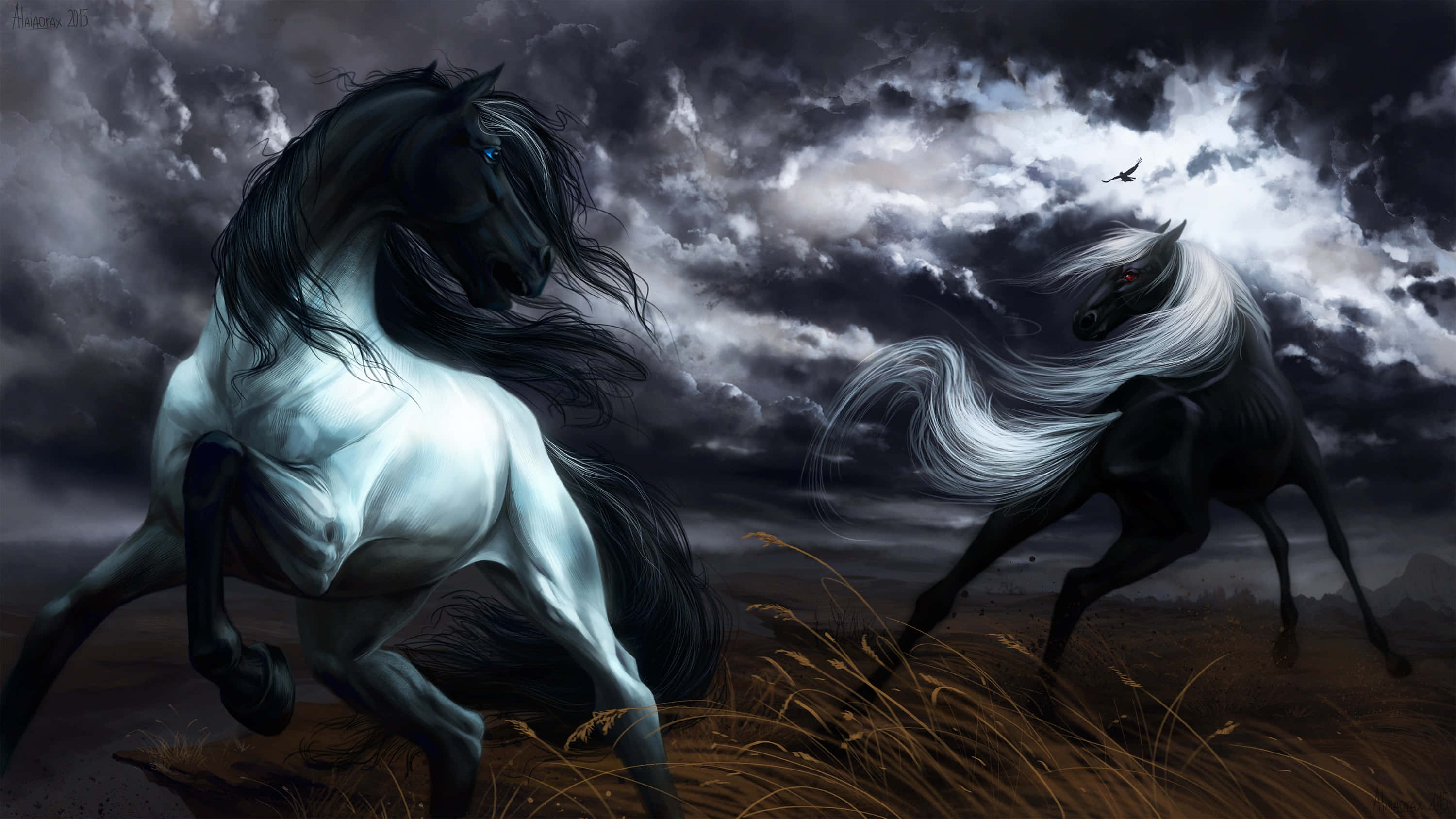Cool Horse, white with black mane, black with white mane, 2K Desktop Wallpaper