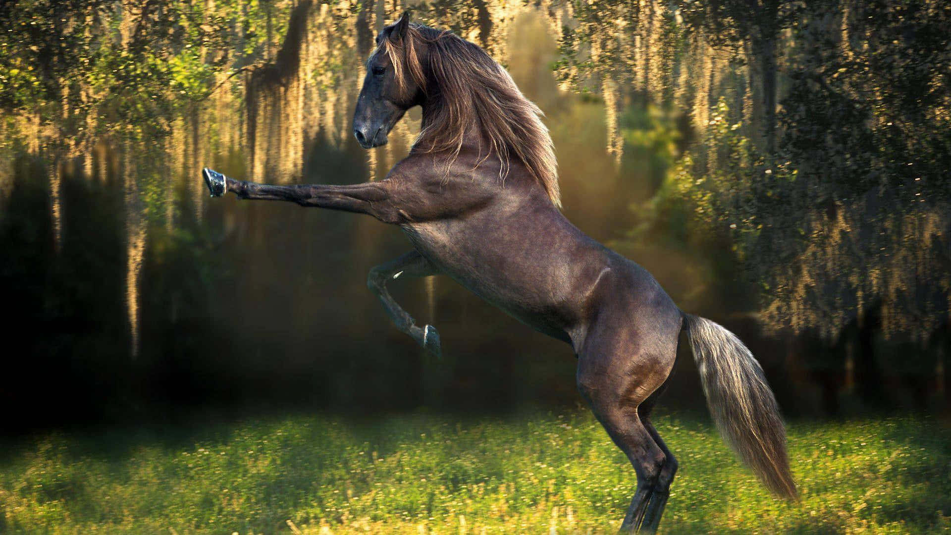 cool horse, dark brown horse, sunlit forest clearing, Full HD Desktop Wallpaper