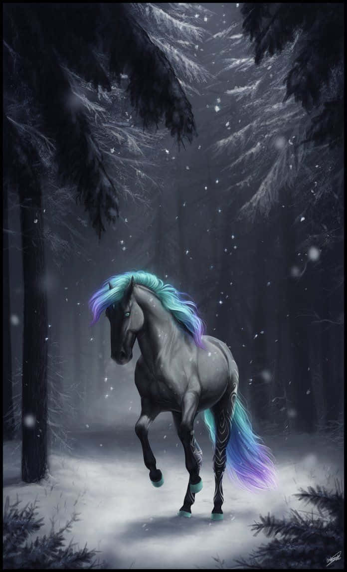 Cool Horse, silver horse, glowing blue and purple mane and tail, SD Phone Wallpaper