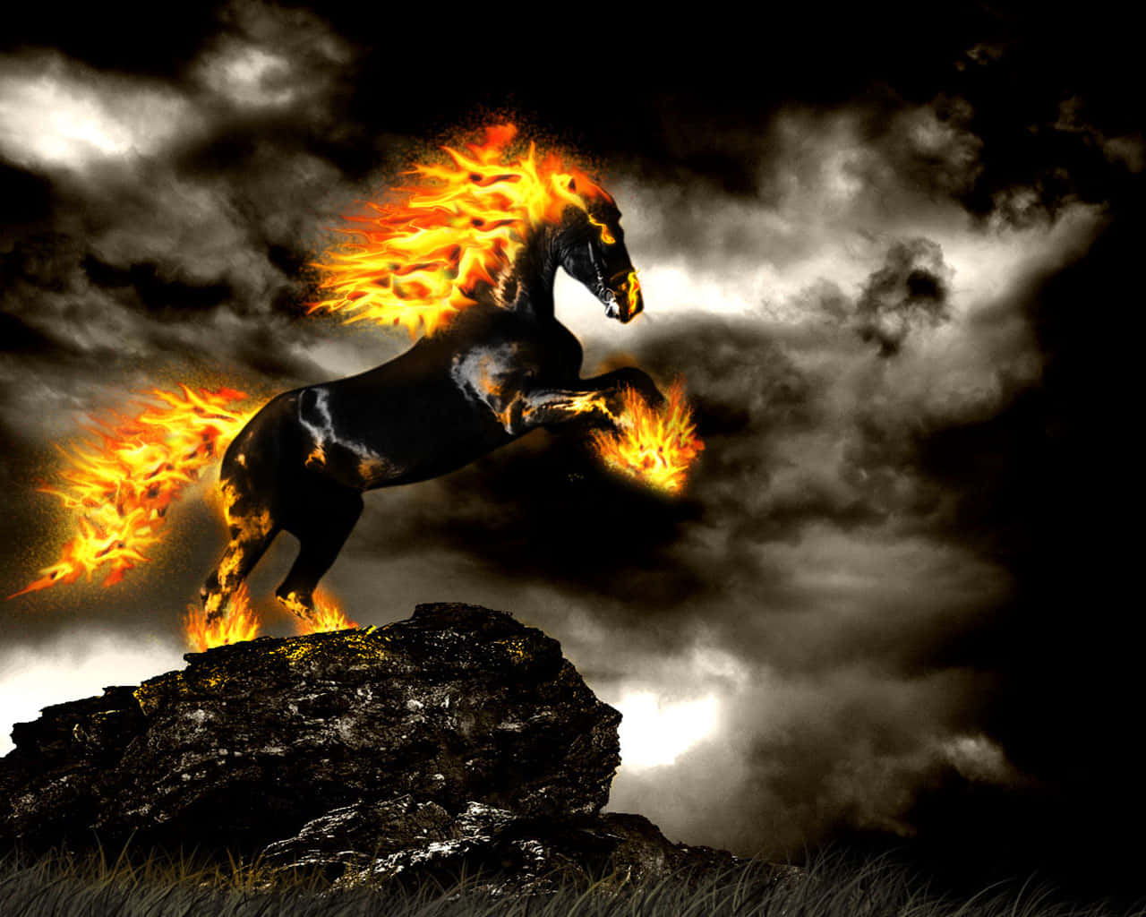 cool horse, black horse, fiery mane, HD Desktop Wallpaper
