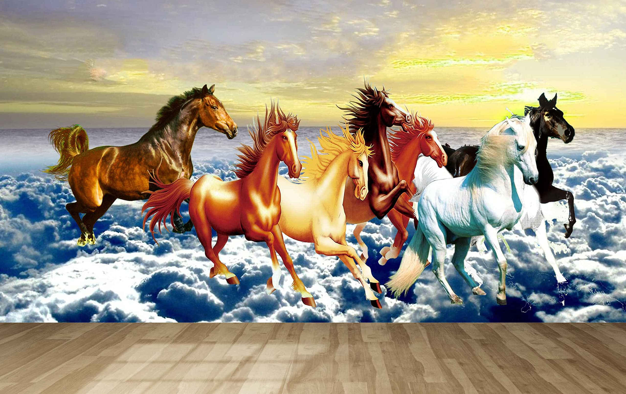 7 horses, clouds, golden sunset sky, 2K Desktop Wallpaper
